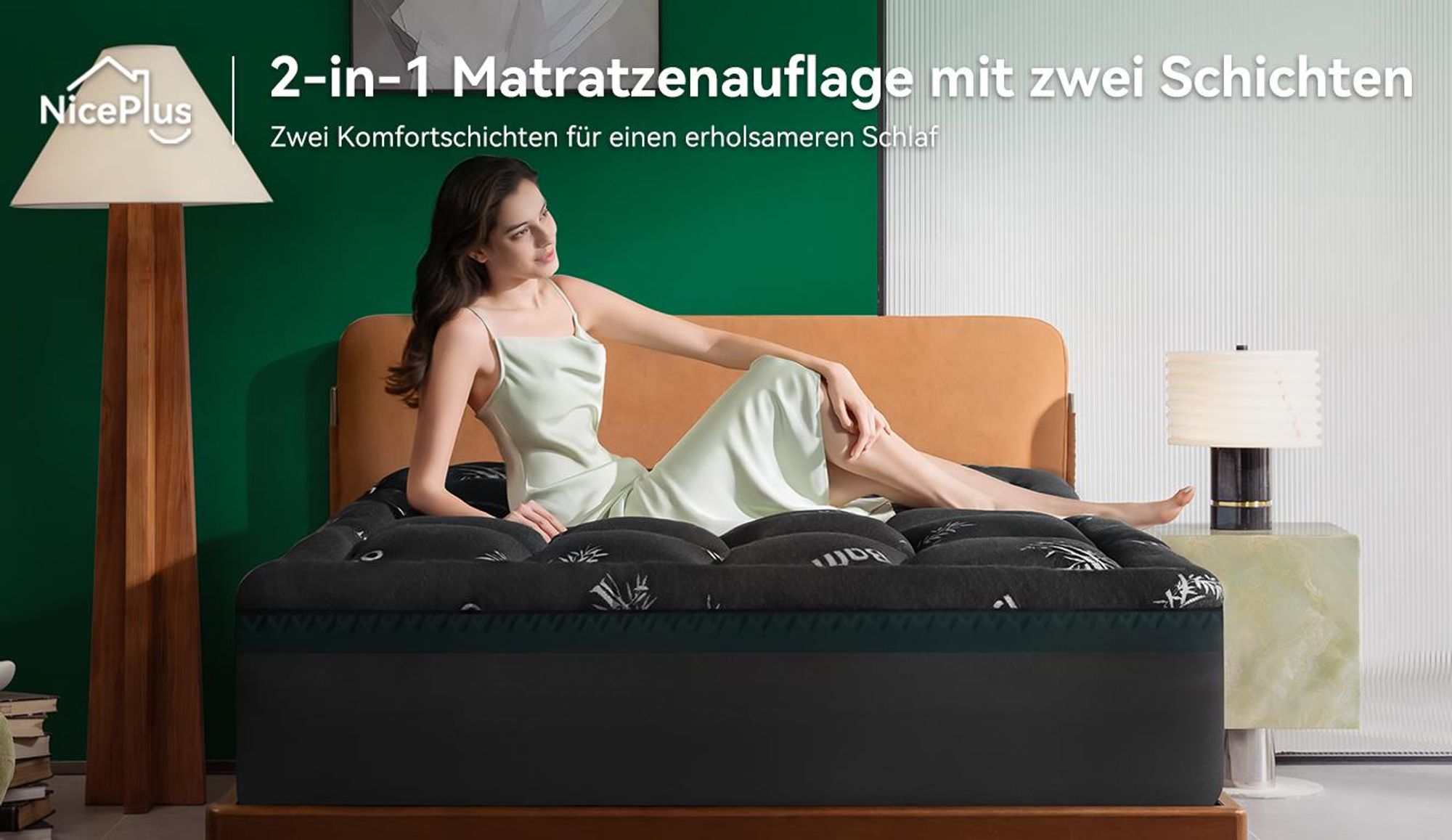 NicePlus 2-in-1 Topper, 120x200X7cm, 5-Zonen Memory Foam + Bambus-Pillow-Top, mit Eckgummis für alle Matratzen, H2/H3, Schwarz