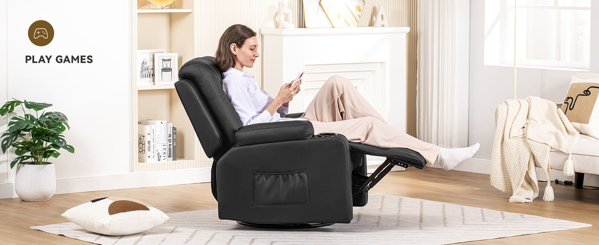 COMHOMA Relaxsessel mit Wippfunktion Fernsehsessel TV Sessel mit Liegefunktion, Dicke Rückenlehne, mit Wippfunktion, 360°drehbar,Schwarz