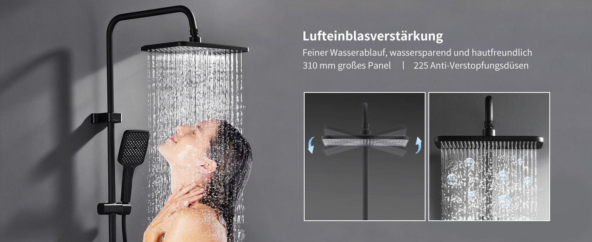 Homelody Duschsystem Messing Schwarz, 4 Wasserausgabe Modi, Duscharmatur Komplettset, Duschset Digitale Temperaturanzeige mit Atmosphärenlicht