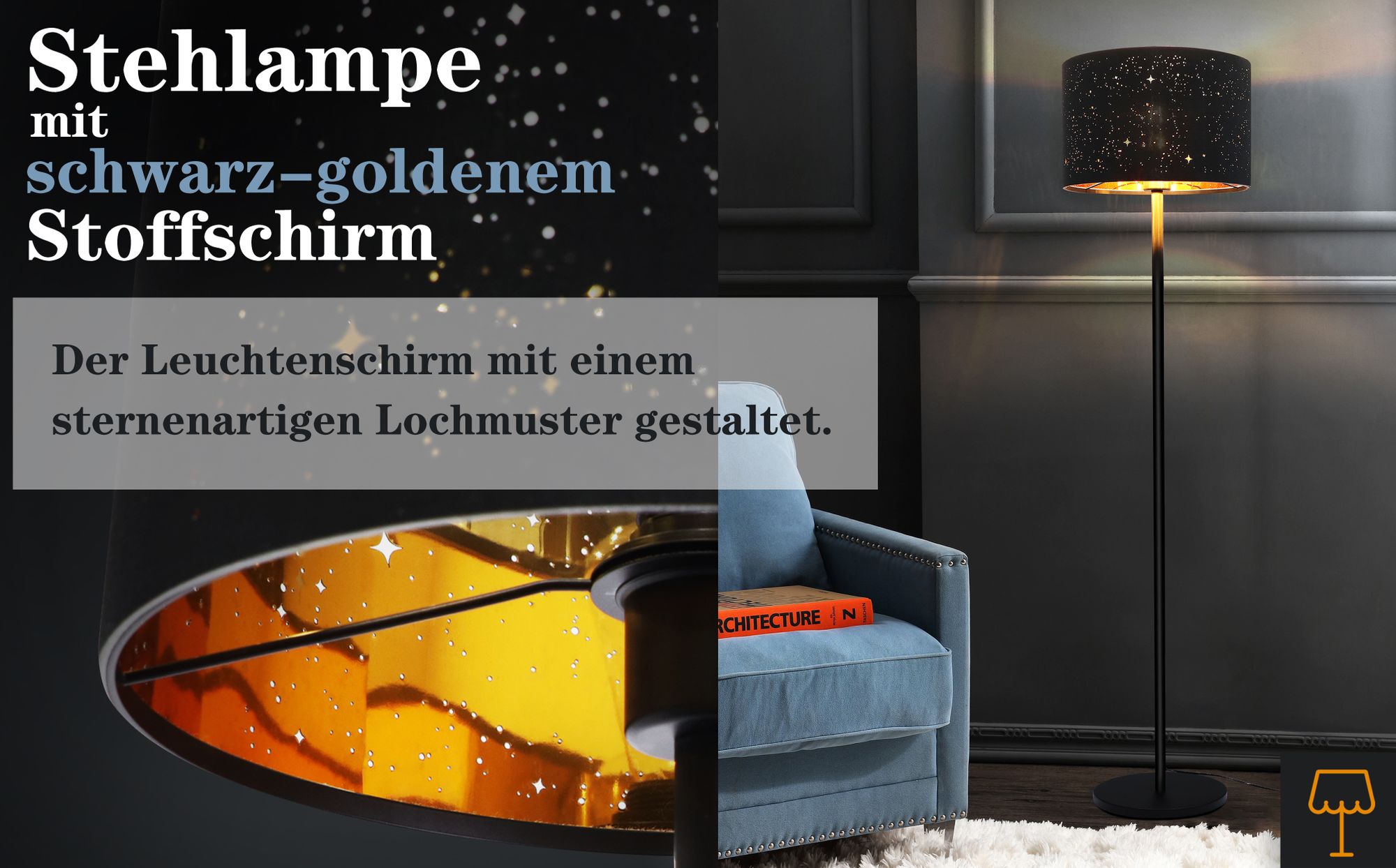ZMH Lampa Podłogowa Do Salonu Lampa Podłogowa Czarno Złota Lampa Podłogowa Z Tkaniny Z Gniazdem E27 Max. 40W Nowoczesny Abażur W Gwiazdy 144cm Lampa Podłogowa