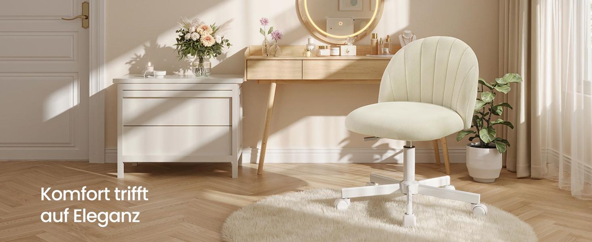 SONGMICS Schminkstuhl, Bürostuhl, Kurzflor-Plüsch-Oberfläche, höhenverstellbar, kompaktes Design, beige