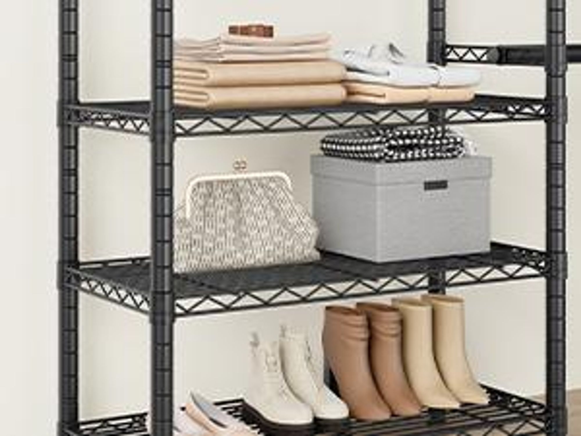 SONGMICS Garderobenständer mit Haken, offener Kleiderschrank, verstellbare Ablagen, für Schlafzimmer, ausziehbar, schwarz