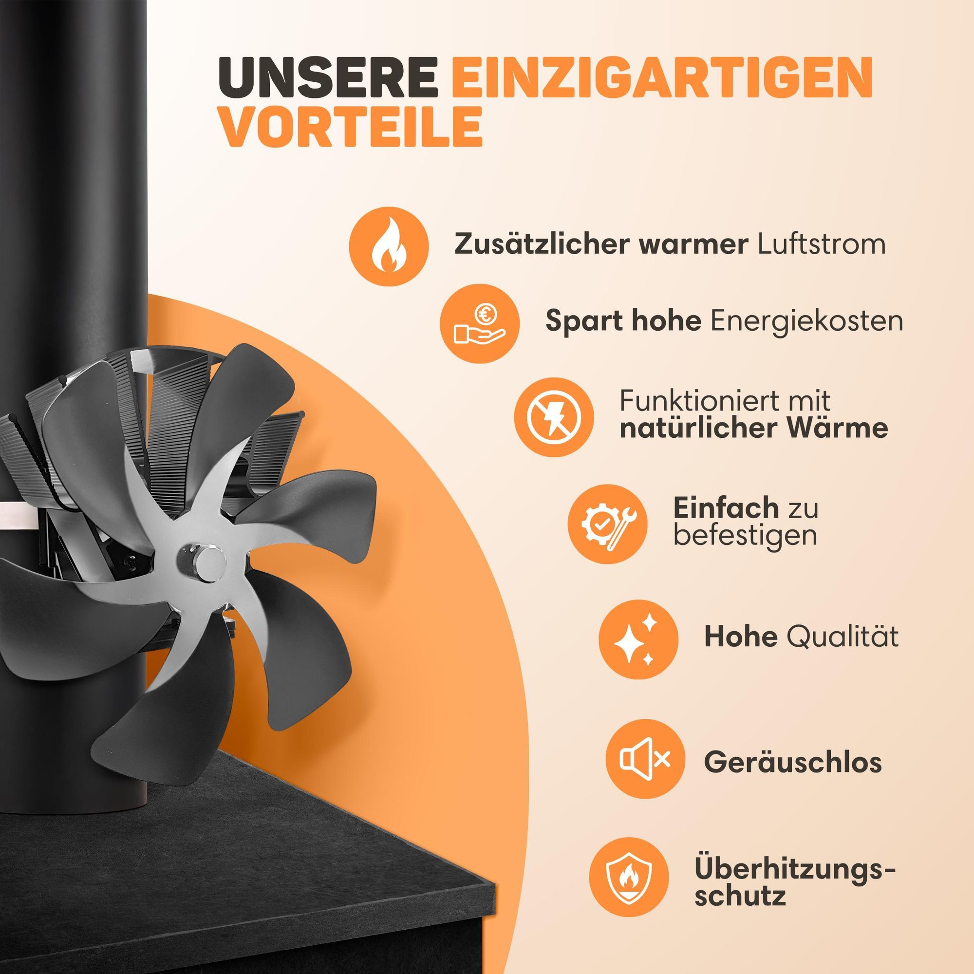 Vulpes Goods Heizungsventilator | Ventilator für Holzofen In freistehendem Design | Kaminventilator - schnelleres Aufheizen des Raumes / 6 Blätter