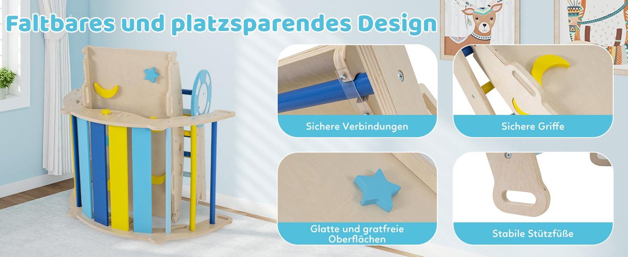 COSTWAY Klettergerüst Indoor 3er Set, klappabres Kletterdreieck mit Rutsche, Kletterbogen, doppelseitige Rampe&Baustein Set, für Kinder 1+
