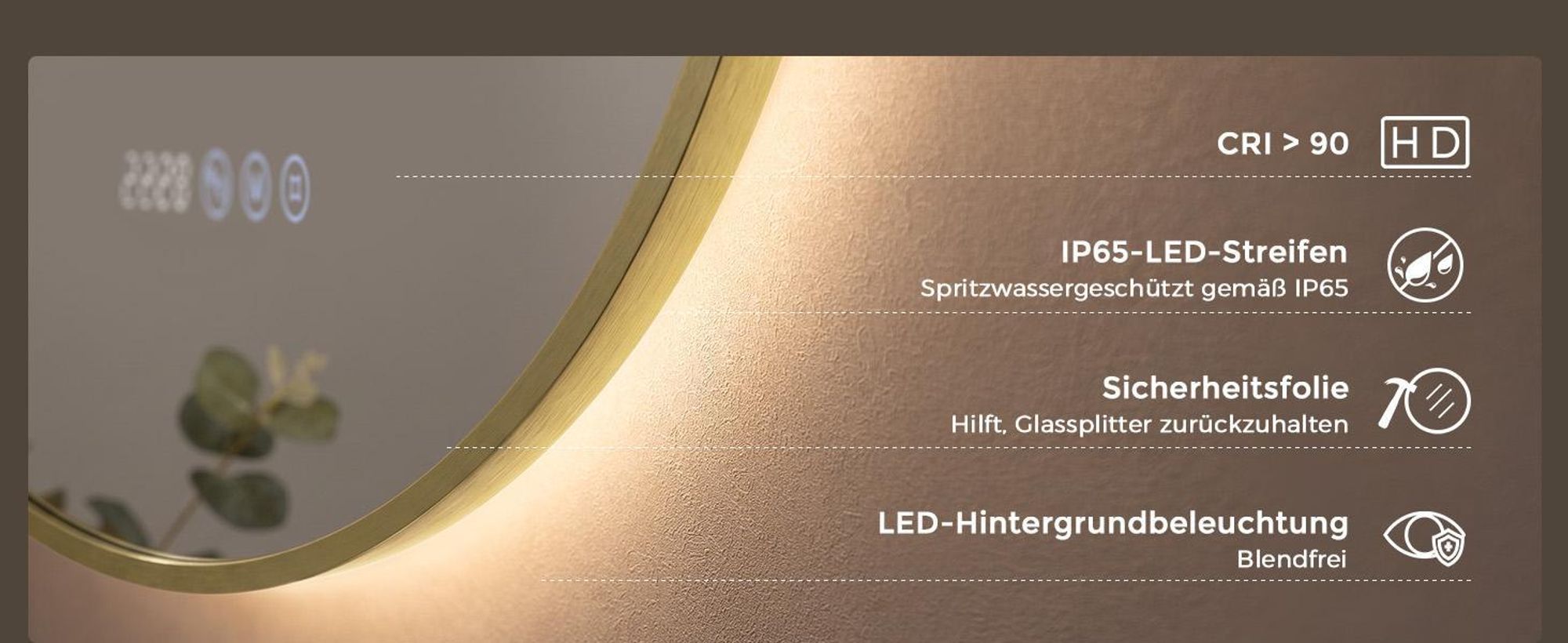 S'AFIELINA LED Badezimmerspiegel Rund Ø80 cm, Goldener Rahmen| 3 Lichtfarben, stufenlos dimmbar, Antibeschlag, Uhr & Temperaturanzeige, Memory