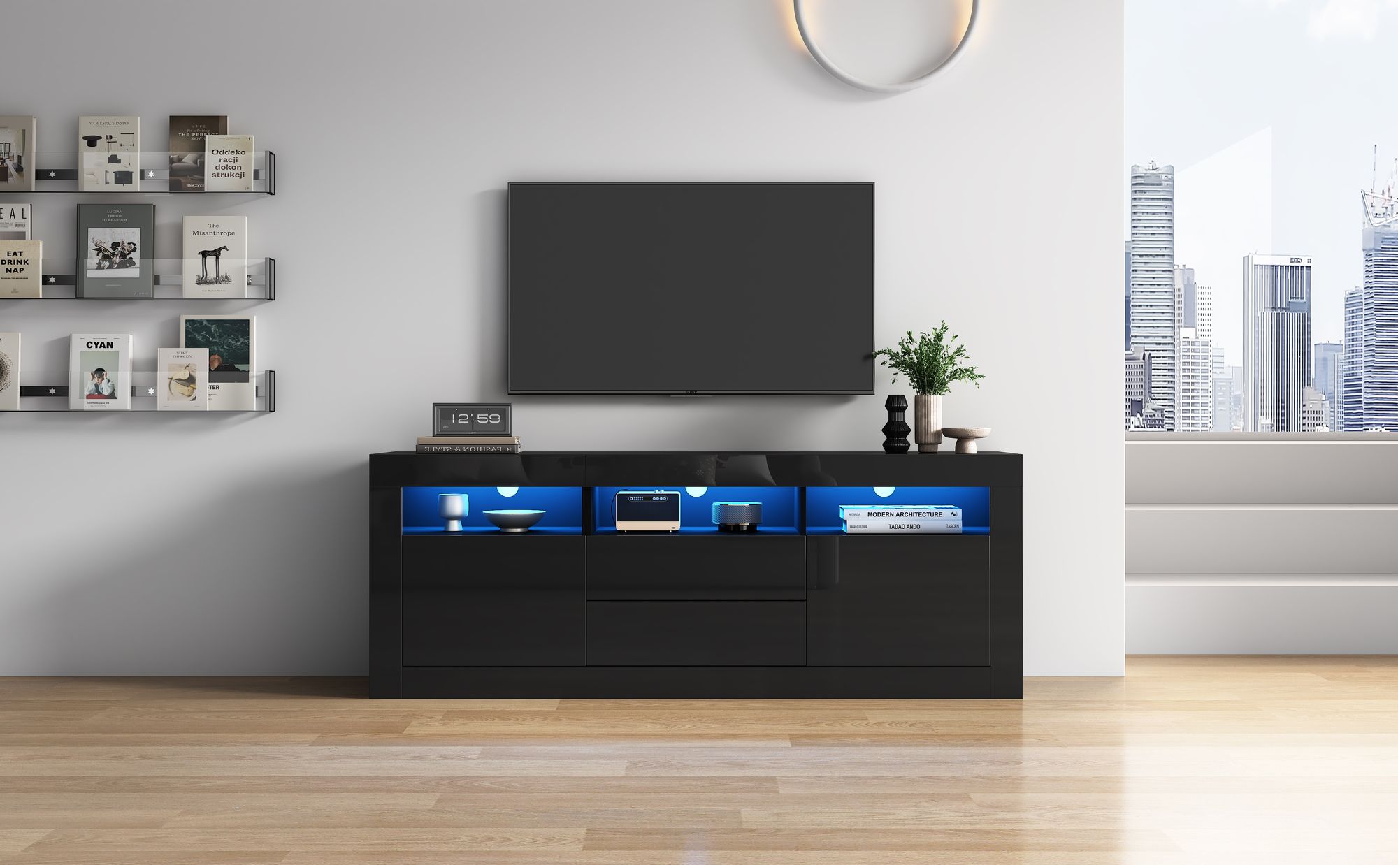 Merax TV-Schrank mit Hochglanzfronten und LED-Beleuchtung,TV-Lowboard mit 3 offenen Fächern und 2 Schubladen, Smart App Steuerung, 160cm Breit Schwarz
