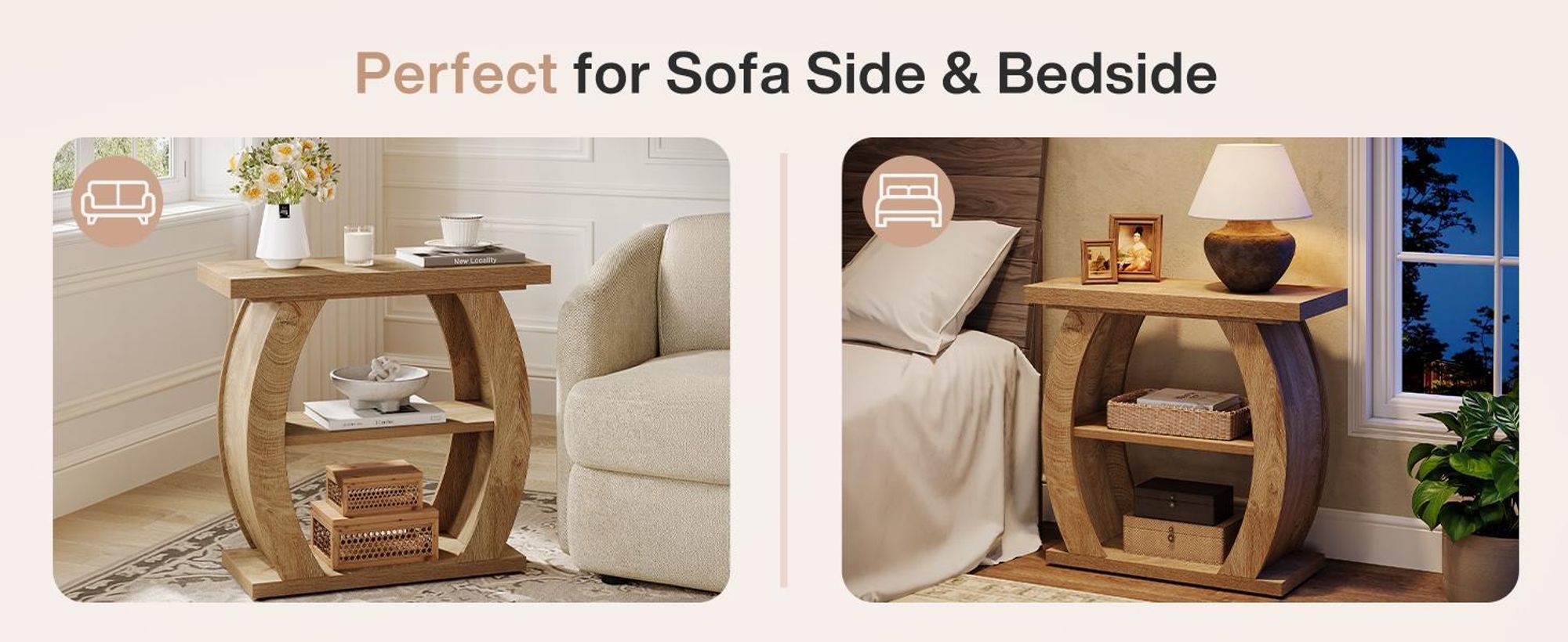 Tavolino Tribesigns, 3 ripiani con spazio contenitivo, tavolino da divano in legno curvato, stile country, tavolino per soggiorno e camera da letto, effetto naturale