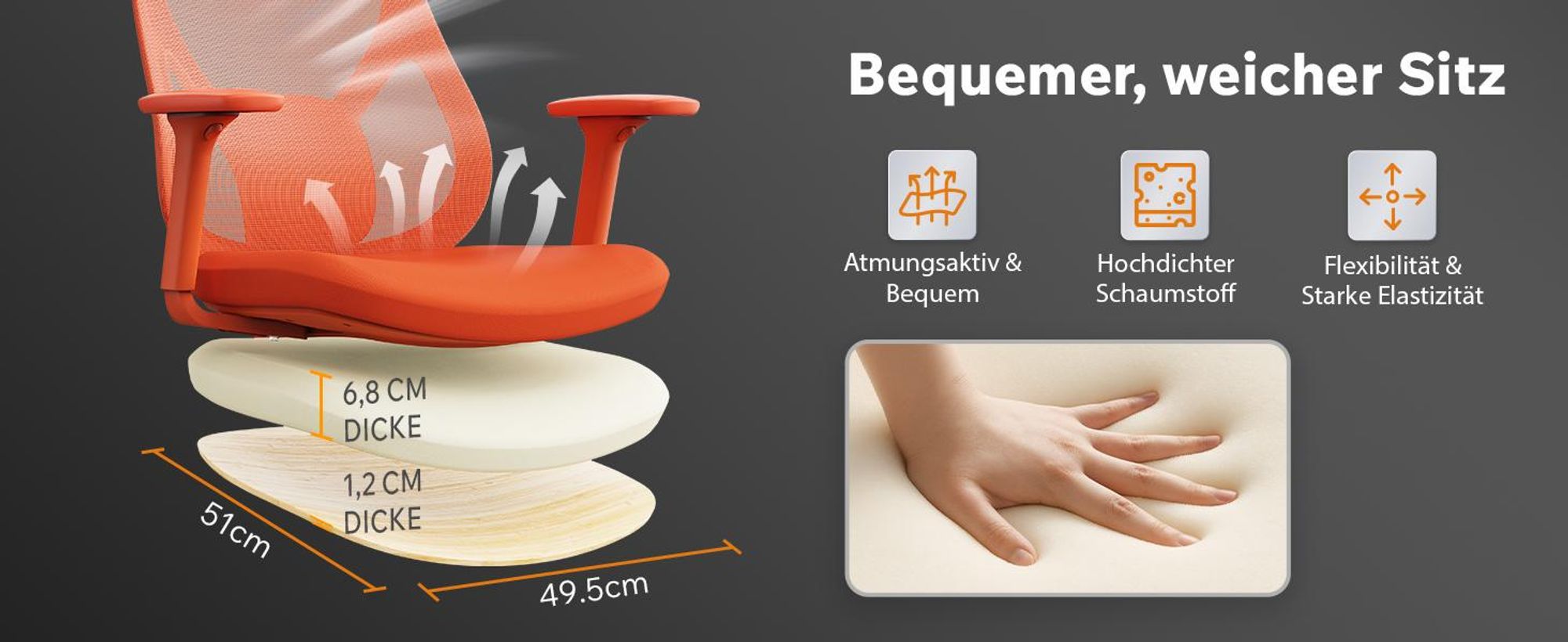 SENSE7 Moyo Ergonomischer Bürostuhl Schreibtischstuhl Orange 3D-Armlehnen Netzrücken Lendenwirbelstütze Chefsessel PC Stuhl Home-office 150 kg