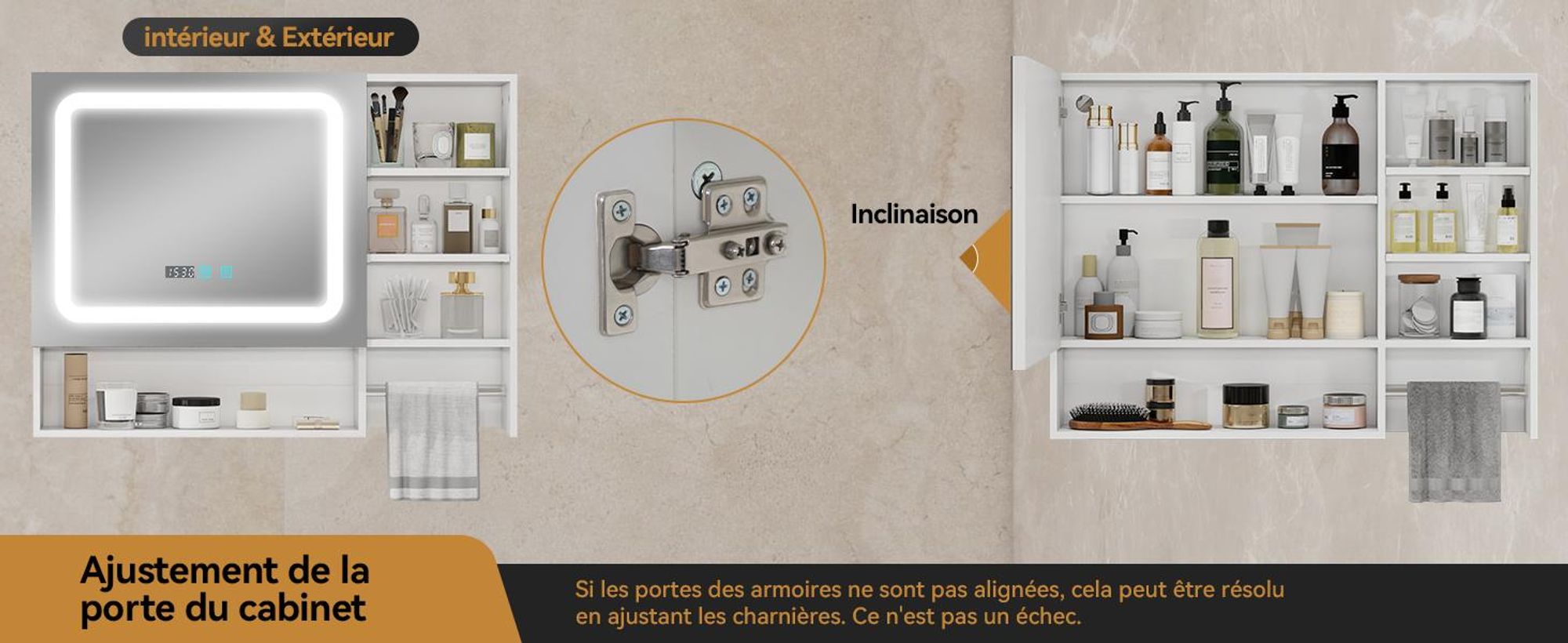 Puluomis armoire de toilette salle de bain 80cm avec 3 couleurs d'éclairage variable, horloge digitale, porte-serviettes, anti-buée armoire de salle de bain murale blanche