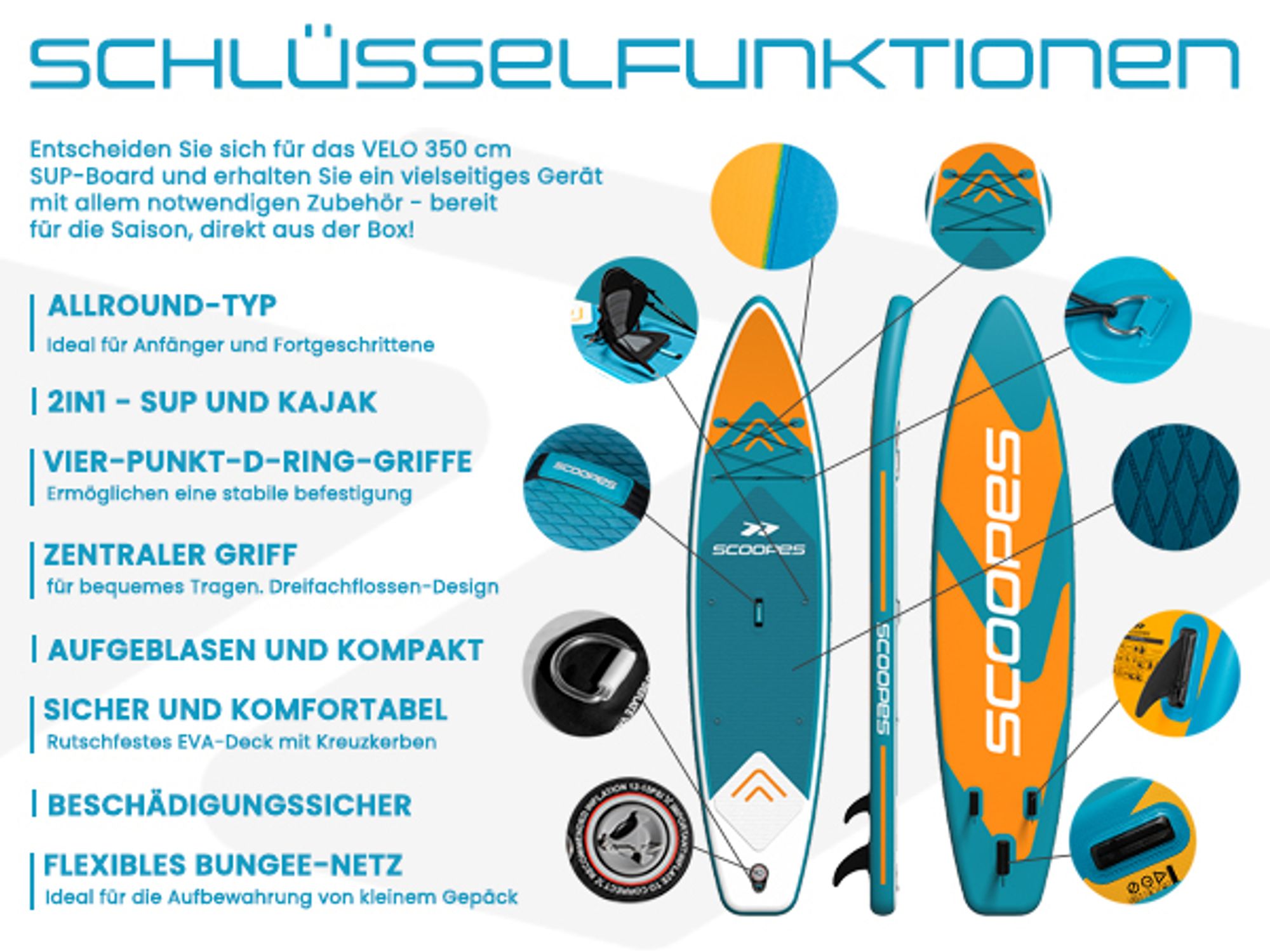 SUP Board Stand Up aufblasbar 350cm mit Sitz Kajak Set Paddel Pumpe Rucksack VELO