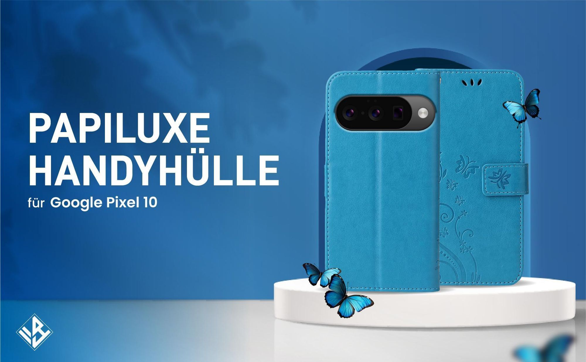 Blaue Klapphülle im Schmetterling Design für Google Pixel 10 mit Wallet-Funktion
