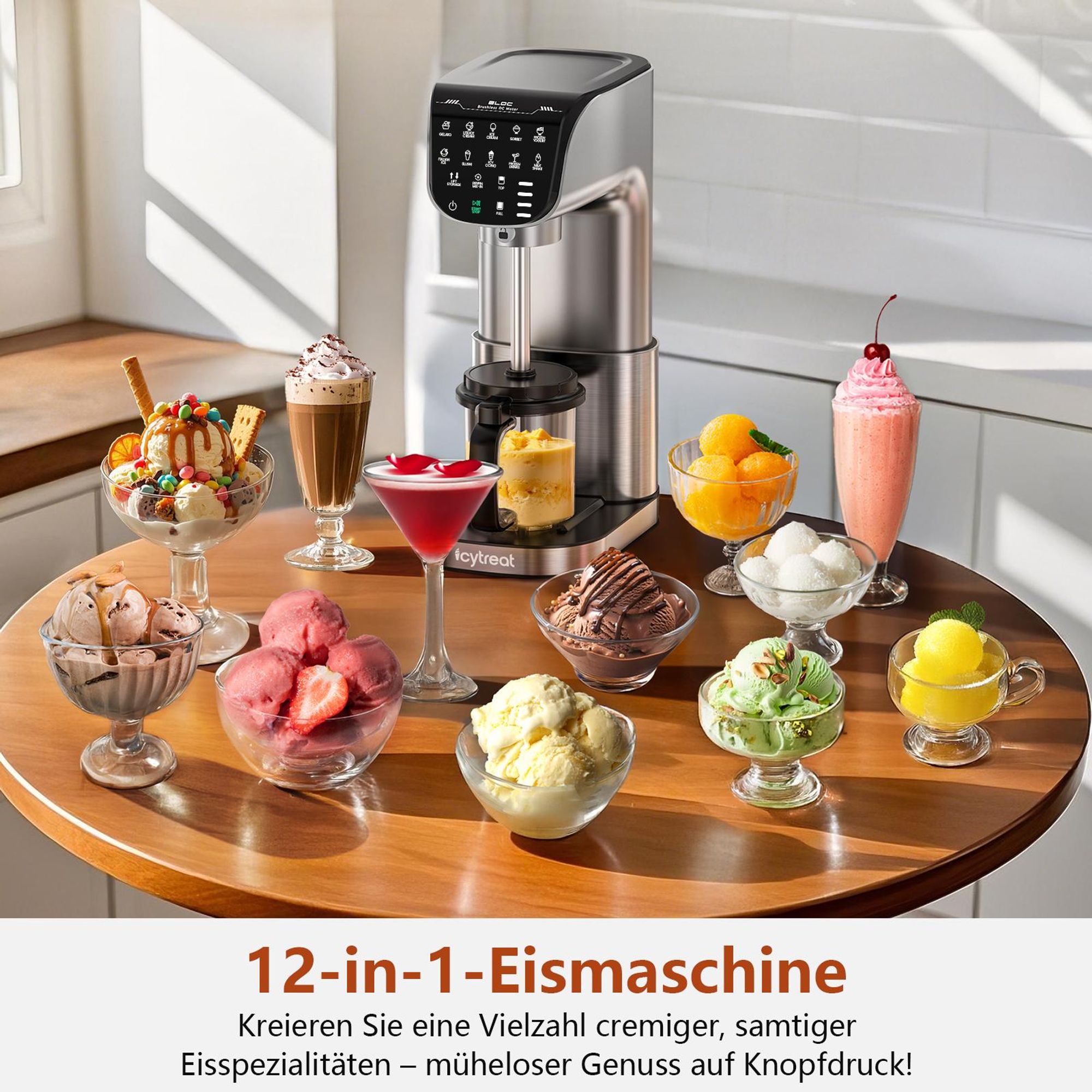 Eismaschine 12-in-1 vollautomatische Edelstahl Hausgemachte Speiseeisbereiter Sorbet, Milchshake, Frozen Yogurt & mehr