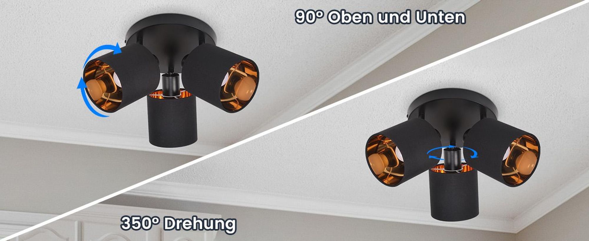 ZMH Deckenleuchte 3 Flammig Deckenlampe Schwarz Rund Deckenstrahler Vintage Deckenspot LED Wandstrahler Schwenkbar 350° E14 (ohne Leuchtmittel)