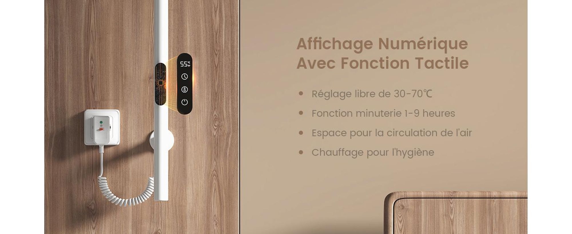 EMKE Sèche-serviettes électrique 100W Blanc, Design Arbre 150 cm, Écran LCD, Thermostat Intelligent WiFi & App, Minuterie, Chauffe-serviettes Design