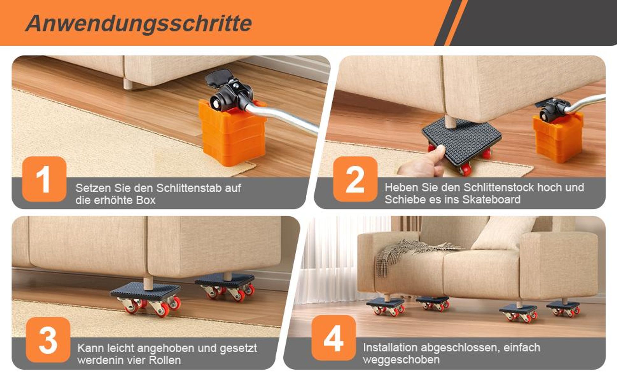 Möbelheber Set, 9-Teiliges Möbel Transportroller Set, Schwerer Möbeltransporter mit Verlängerungsstange und 4 Möbelroller, 360 Grad Drehbar Rads