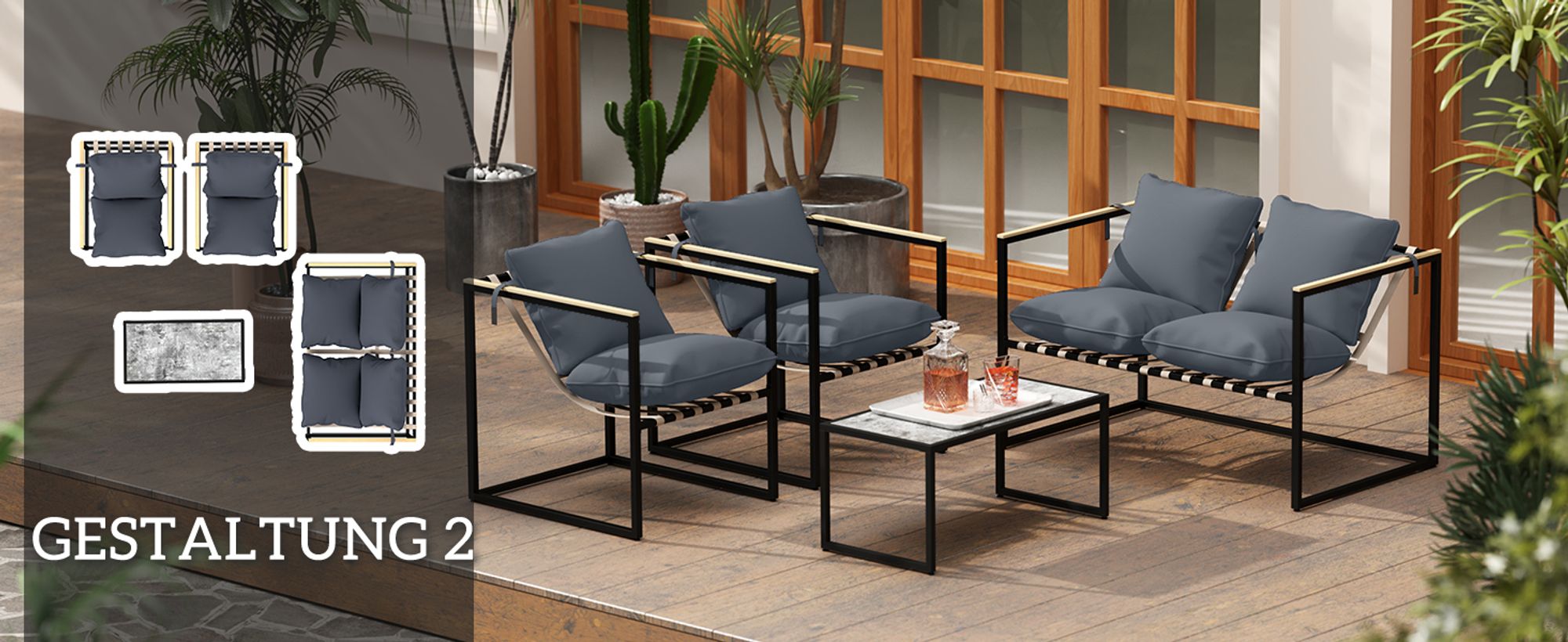 Outsunny Stahl Gartenmöbel Set 4 Personen Balkonmöbel-Set mit 2er Sofa Grau