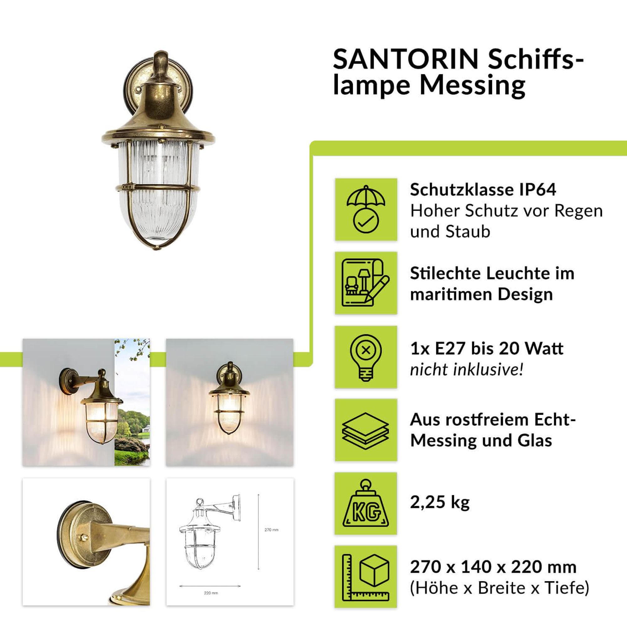 Highlights der SANTORIN Außenleuchte in Messing