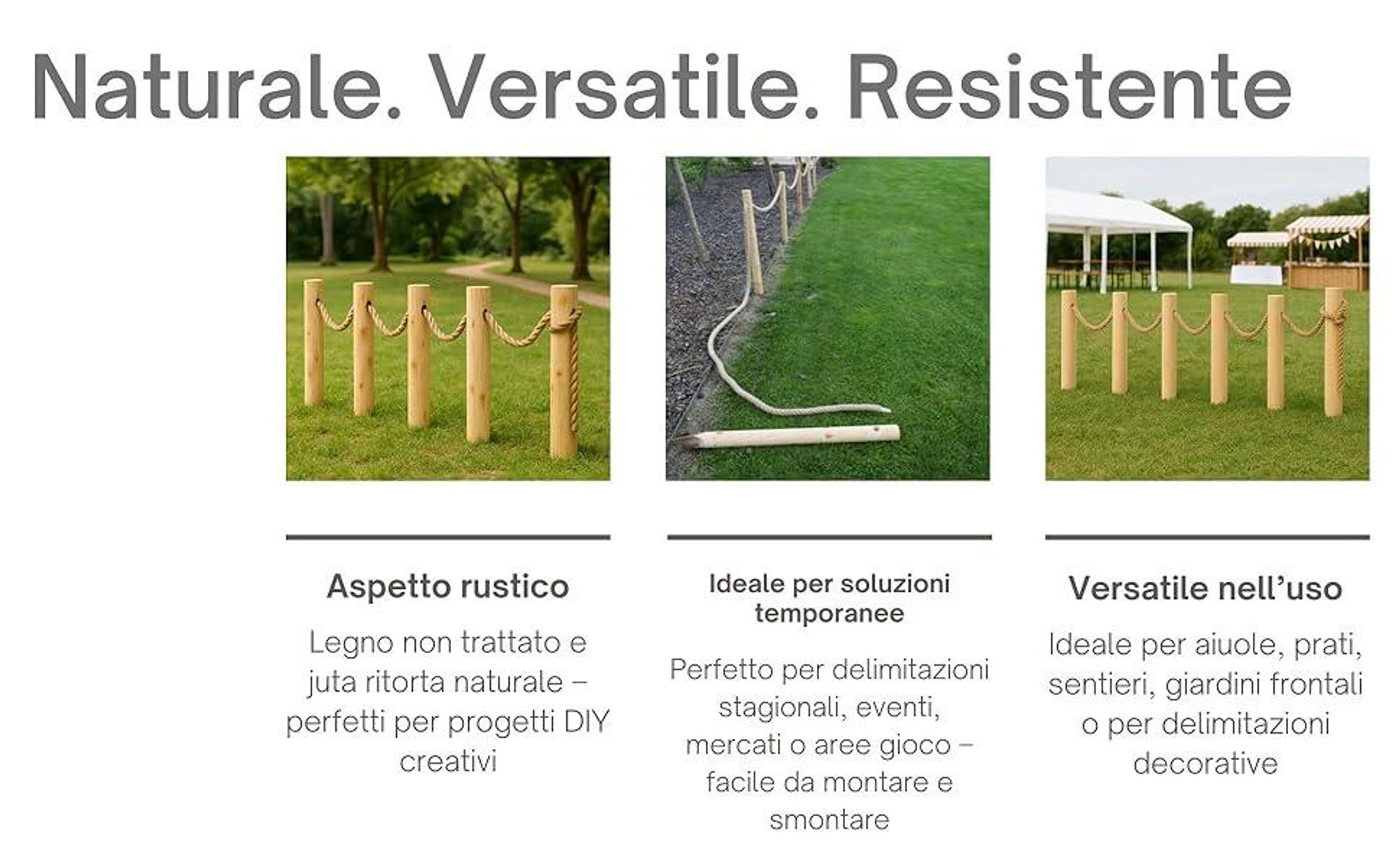 TIMBERMIK Recinzione In Legno 6 Pali Ø8x120 Cm Con Corda In Juta 12m Staccionata Da Giardino Pannelli Recinzione Legno Non Trattato