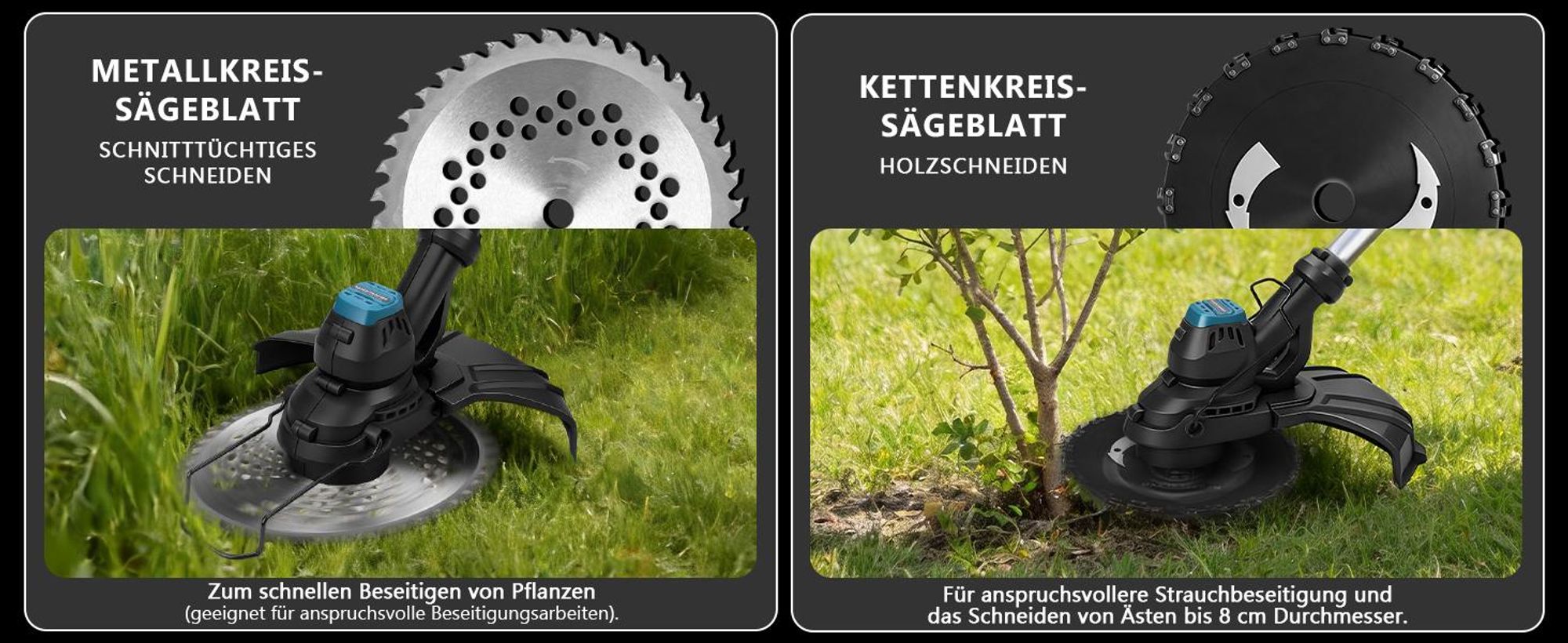 980W Akku Rasentrimmer Bürstenloser 7 IN 1 mit 2×4.0Ah Akku 18V, 14800 RPM mit 7 Klingentypen Ø300 mm, 100-140cm Einstellbar, Freischneider Garten