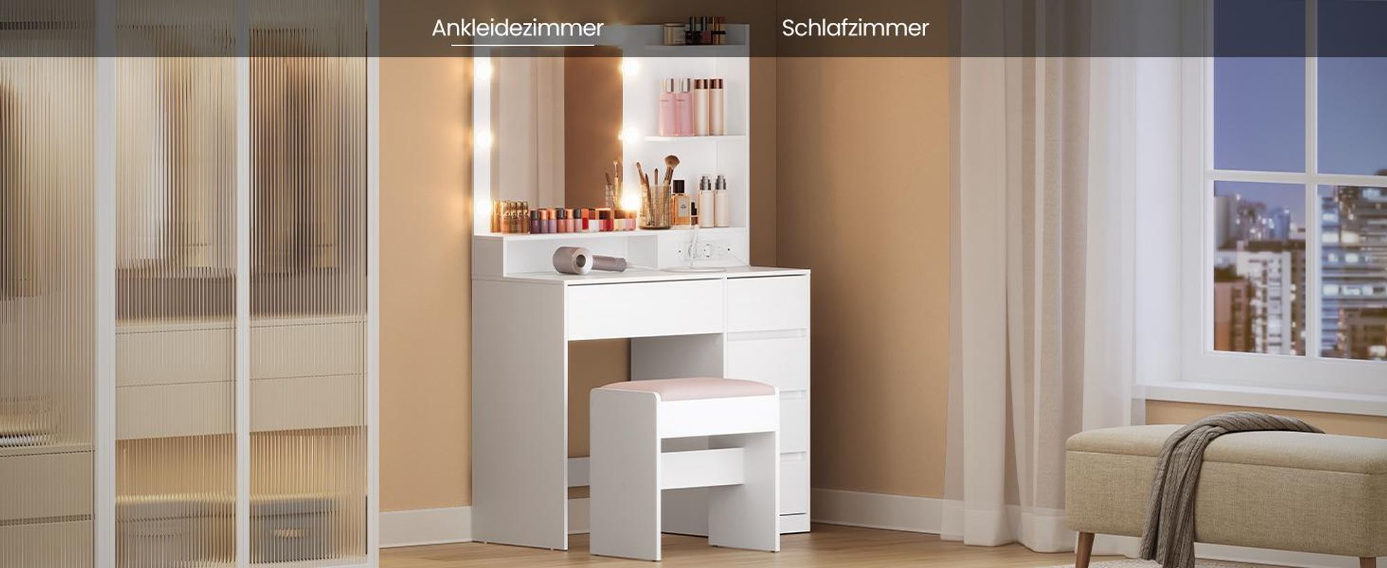 VASAGLE Schminkkommode, mit Spiegel und Beleuchtung, Ladestation, 5 Schubladen, werkzeuglose Gleitschienen, weiß