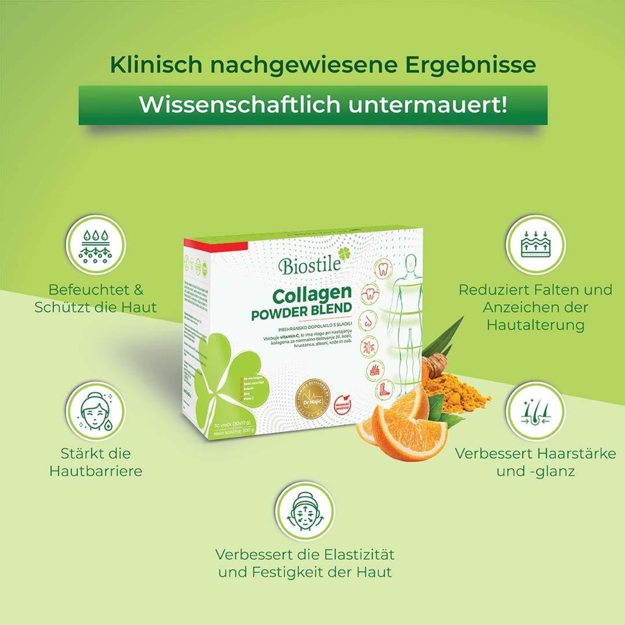 Biostile Collagen Powder Blend – Kollagenpulver mit 5 Kollagenquellen, hydrolysiertem Kollagen, Vitamin C, Curcumin&Shilajit – 30 Beutel, Mango-Orange