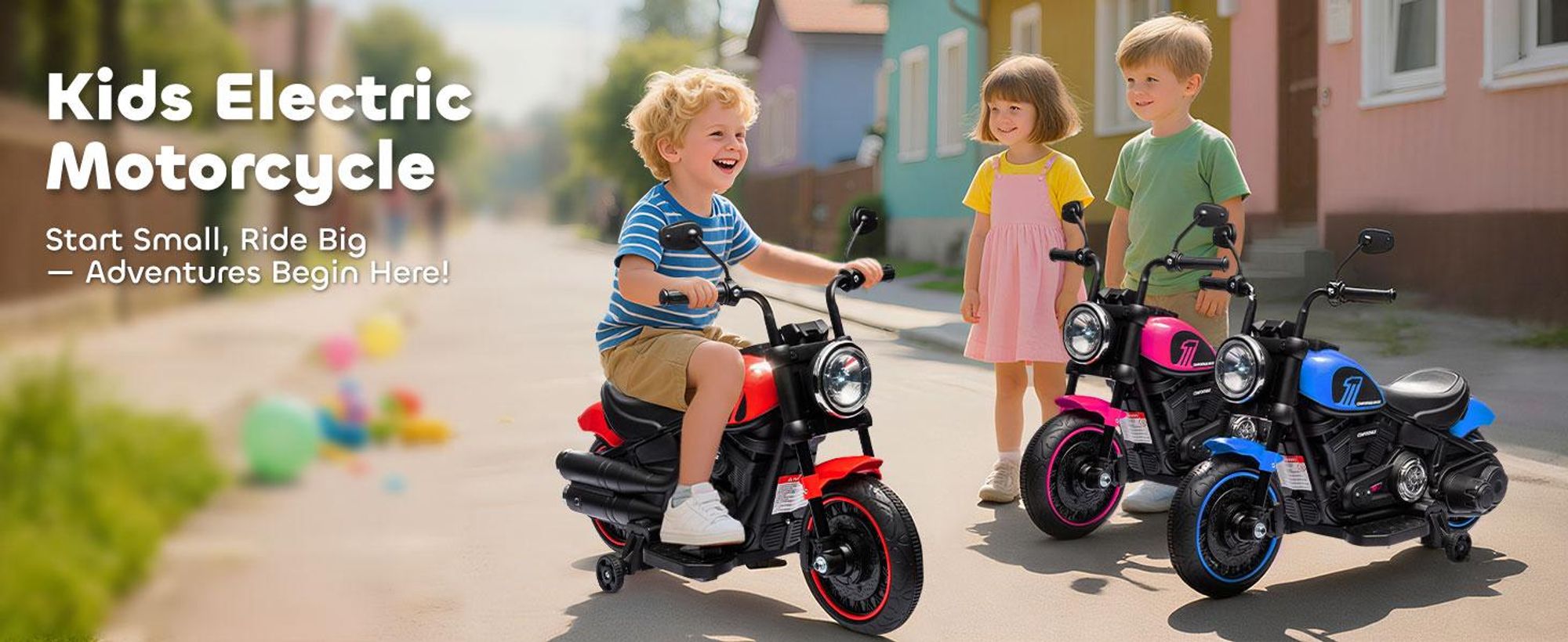 HOMCOM Elektryczny motocykl dziecięcy Elektryczny motocykl z reflektorem, Elektryczny motocykl dziecięcy 3 km/h z 2 kółkami bocznymi dla dzieci w wieku 1,5-3 lat, różowy