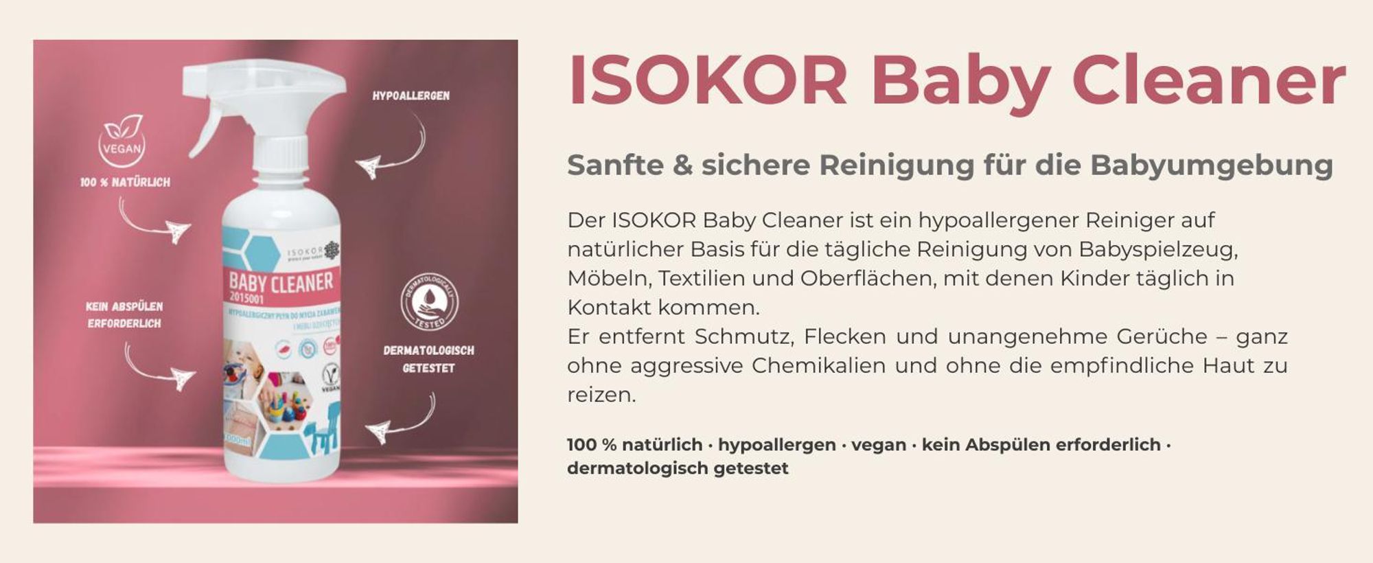 ISOKOR | Baby Cleaner | 2x500 ml | Hypoallergener Spielzeugreiniger für Babys | Natürlicher Reiniger für Möbel, Textilien & Kinderzimmer