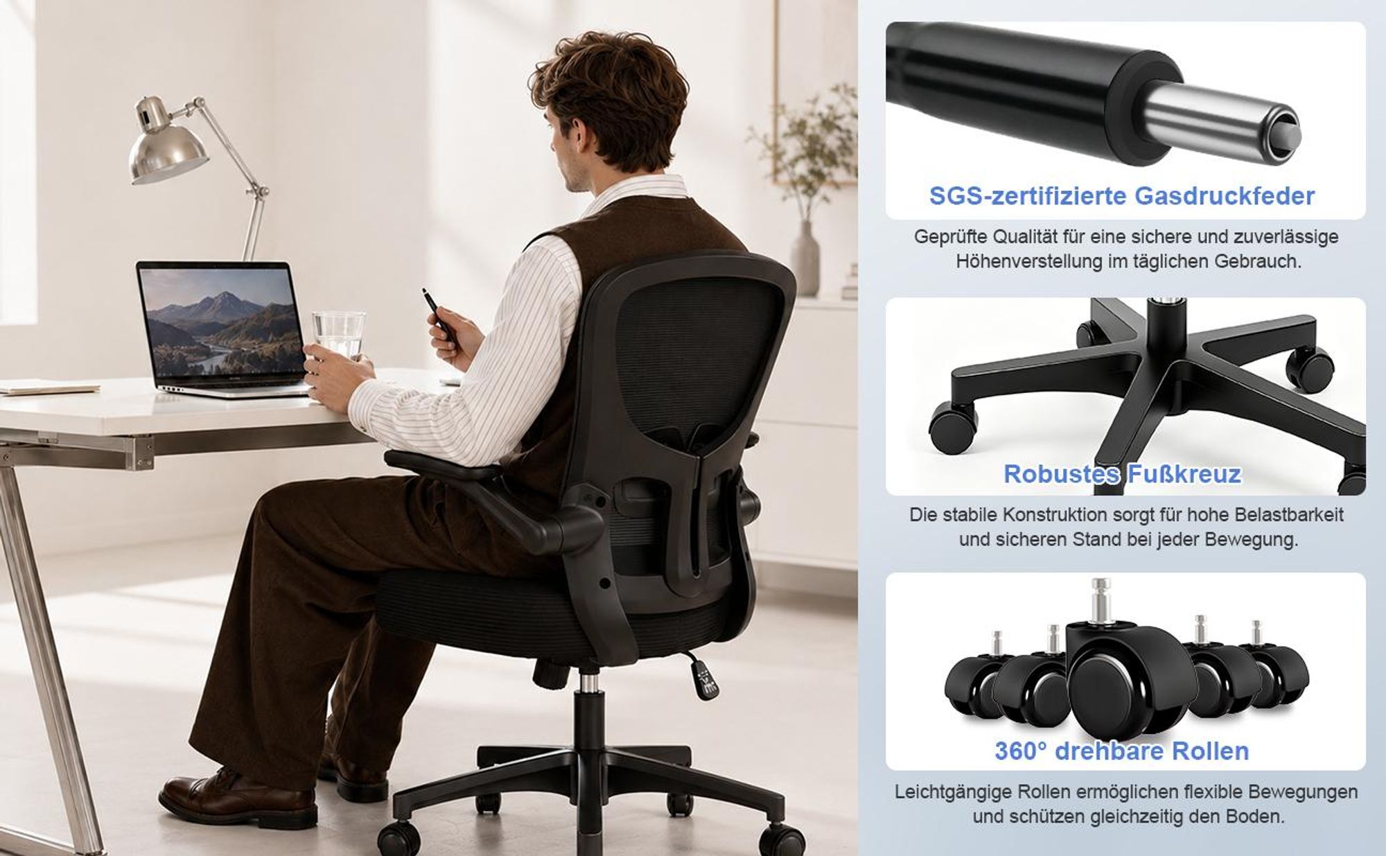 Bürostuhl, Schreibtischstuhl, bürostuhl ergonomisch mit Verstellbaren Armlehnen, höhenverstellbar,S-förmige Lendenstütze,Chefsessel 150kg