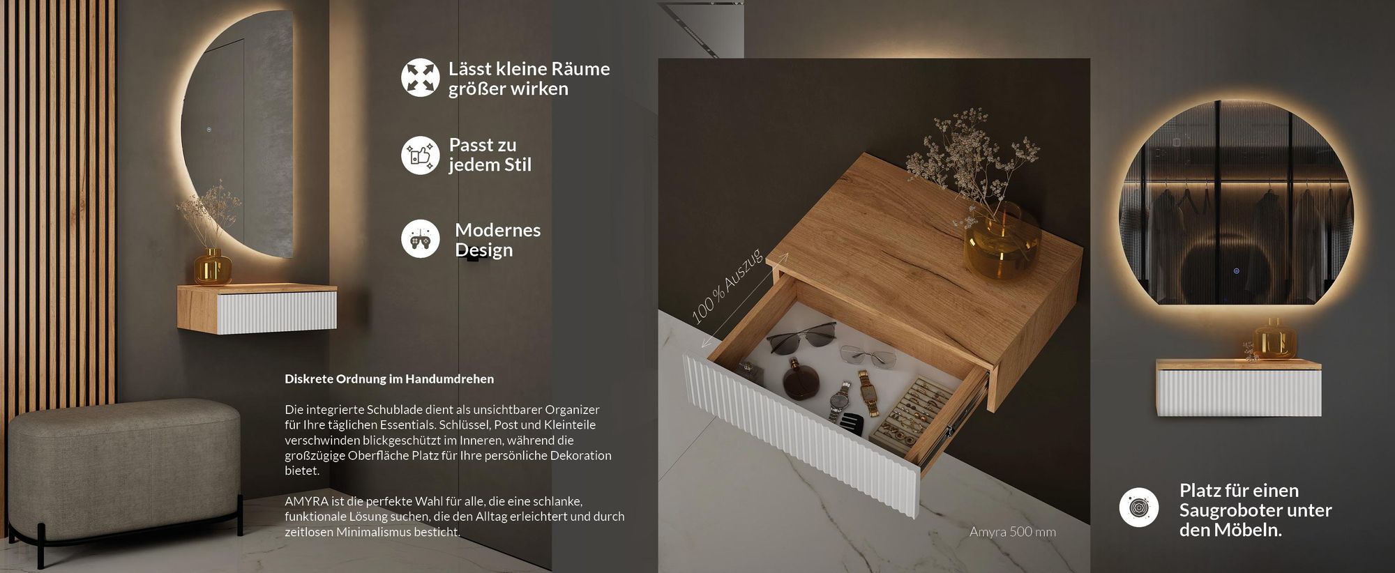 Planetmöbel Amyra Konsolentisch schmal 100 cm für Garderobe, Flur und Schminktisch, weiß