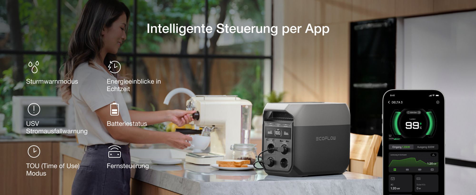 EF ECOFLOW DELTA 3 Tragbare Powerstation, 1 024 Wh Solargenerator, LiFePO4-Batterie, Schnellladung von 0-70% in 30 Min., erweiterbar auf 5 kWh