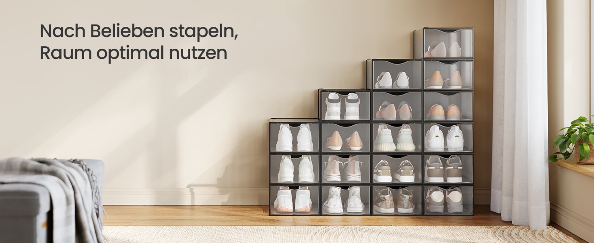 Schuhboxen, Schuh-Organizer aus Kunststoff, mit Tür, durchsichtig, 18er Set, stapelbar, einfache Montage, 33,2 x 23 x 14,5 cm