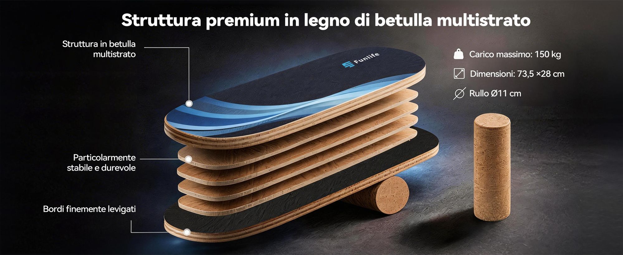 FunLife Balance Board in legno di betulla con rotelle WAVE – Attrezzo stabile per l'allenamento dell'equilibrio, del core e della forma fisica, antiscivolo e resistente