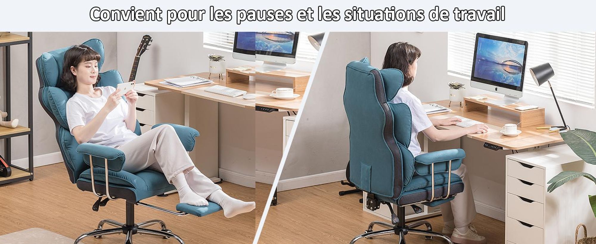 COMHOMA Chaise de bureau Gaming, chaise gamer, chaise de bureau ergonomique surface tissu avec repose-pieds, réglable en hauteur, chaise de bureau, fauteuil de direction, bleu-tissu
