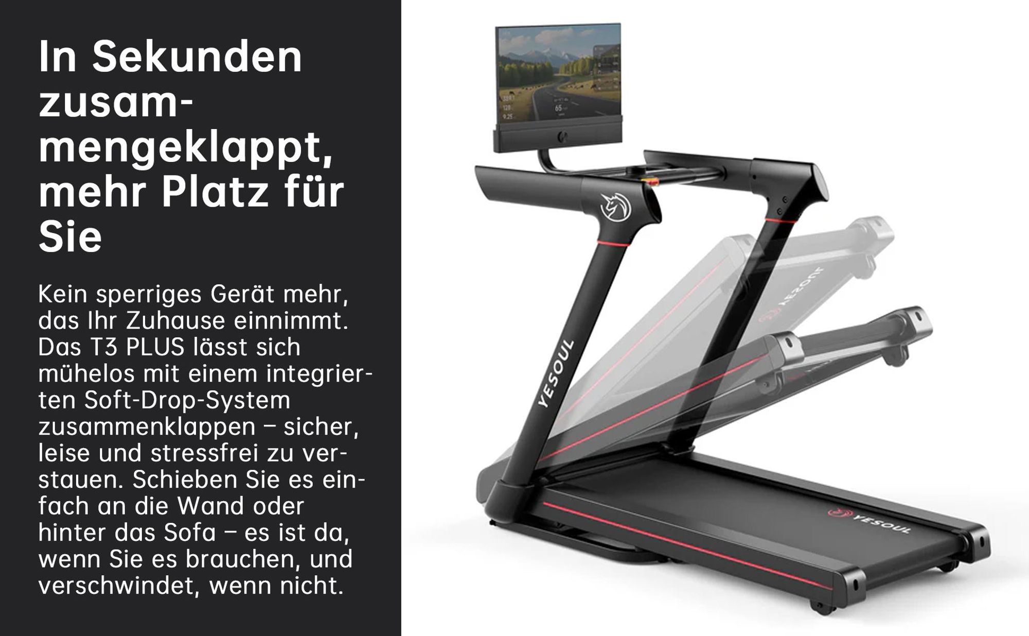 YESOUL T3 PLUS 21,5" FHD běžecký pás s 10% automatickým sklonem, bezkartáčovým motorem, otočnou 360° obrazovkou a zrcadlením, skládací