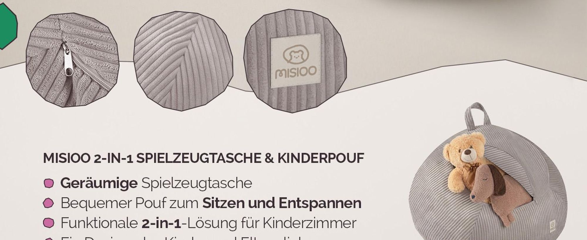 MISIOO Kinder Sitzsack Bezug für Kuscheltiere – Spielzeug Aufbewahrung & Bean Bag in einem – Cord Stoff, Waschbar, mit Reißverschluss