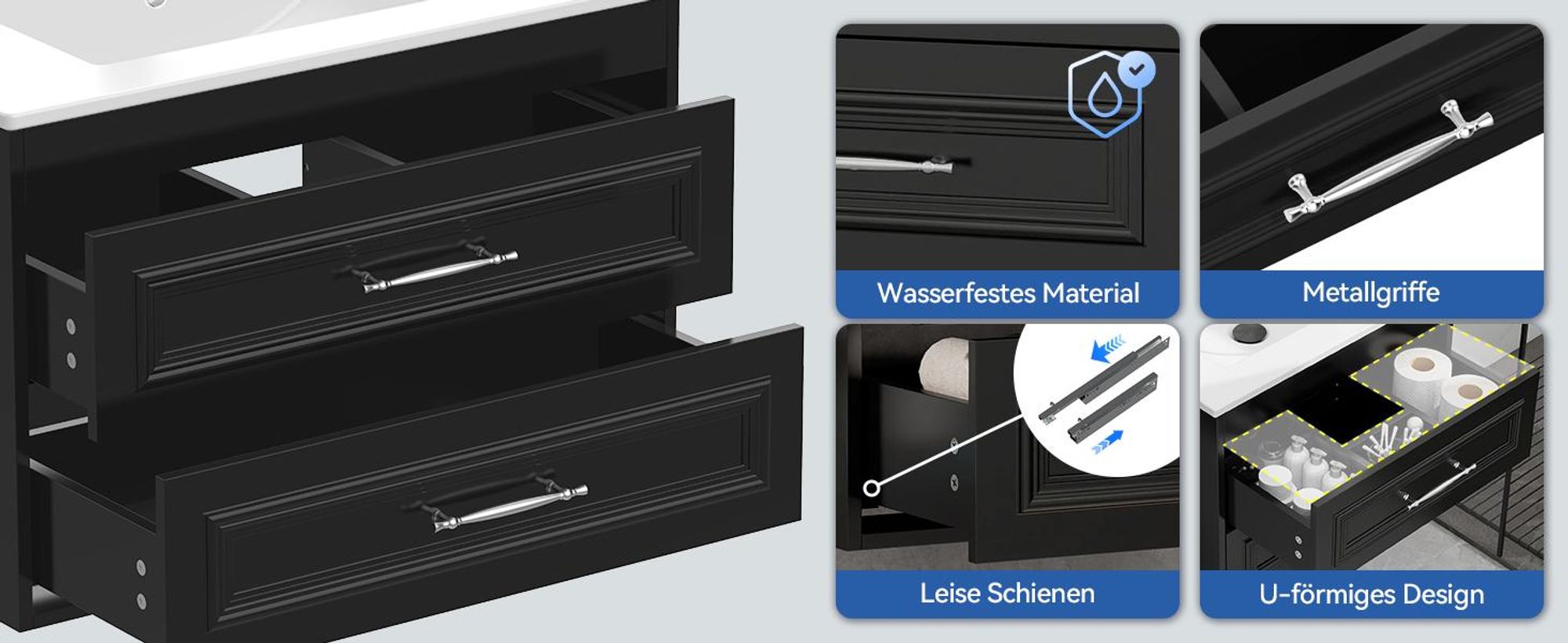 Puluomis Waschtische Badmöbel mit Keramikwaschbecken Set,. 60cm Waschtischunterschrank mit 2 Schubladen, Wasserhahn & Zubehör inklusive