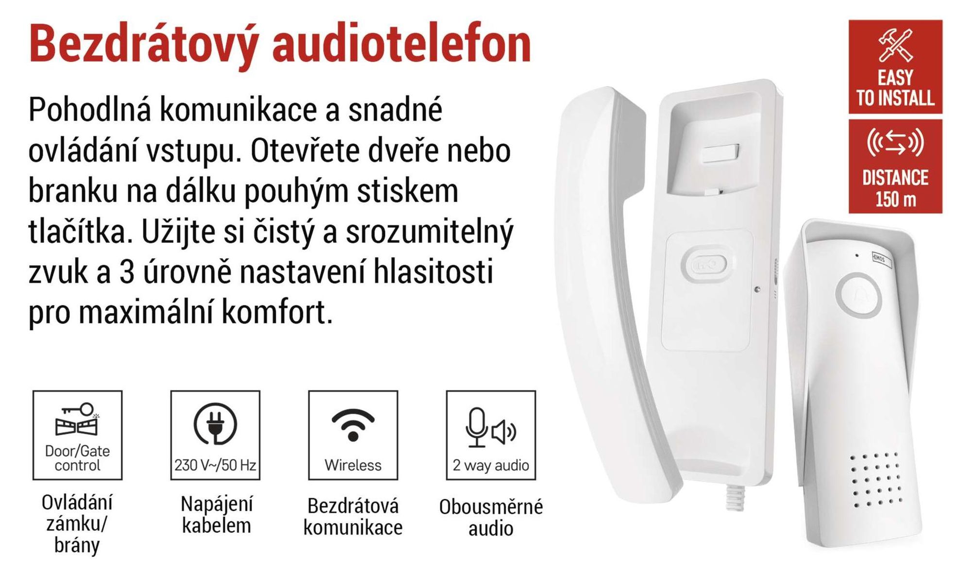 EMOS audio dveřní interkomová sada, bezdrátová, audiovrátný s možností otevírání dveří, přípojka napájení (230V/12V), bílá, H1088