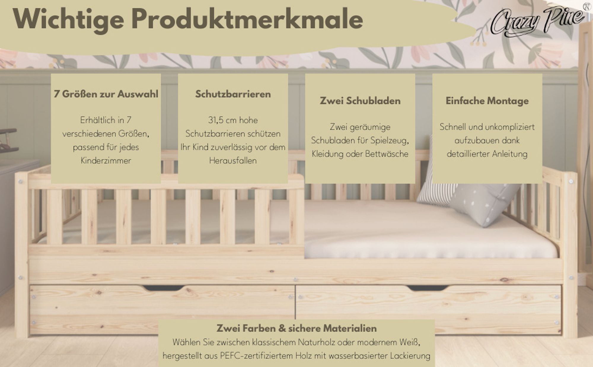 Crazy Pine Kinderbett mit Schublade 200x120cm – Massives Montessori Bodenbett aus Holz in Weiß mit Rausfallschutz – Crazy Basic