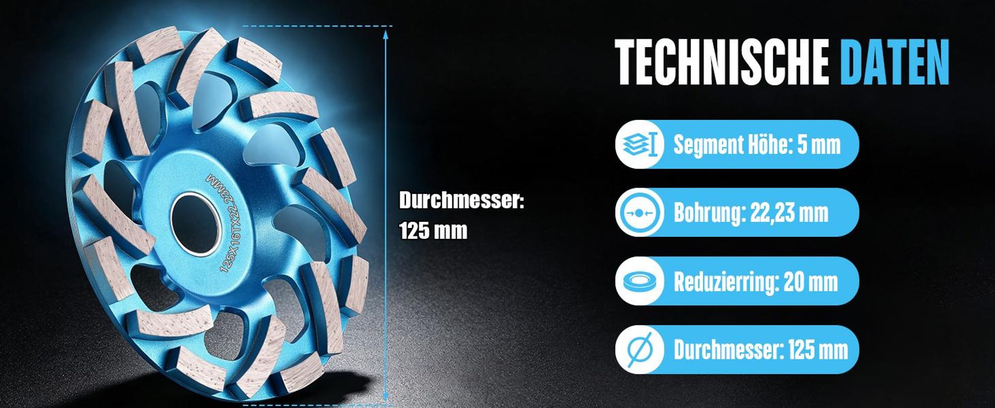 Diamant Schleiftopf 125 × 22,23 mm, Topfschleifer für Beton Naturstein Granit Ziegel Mauerwerk, 16 Turbo-Segmente Schleifscheibe für Winkelschleifer