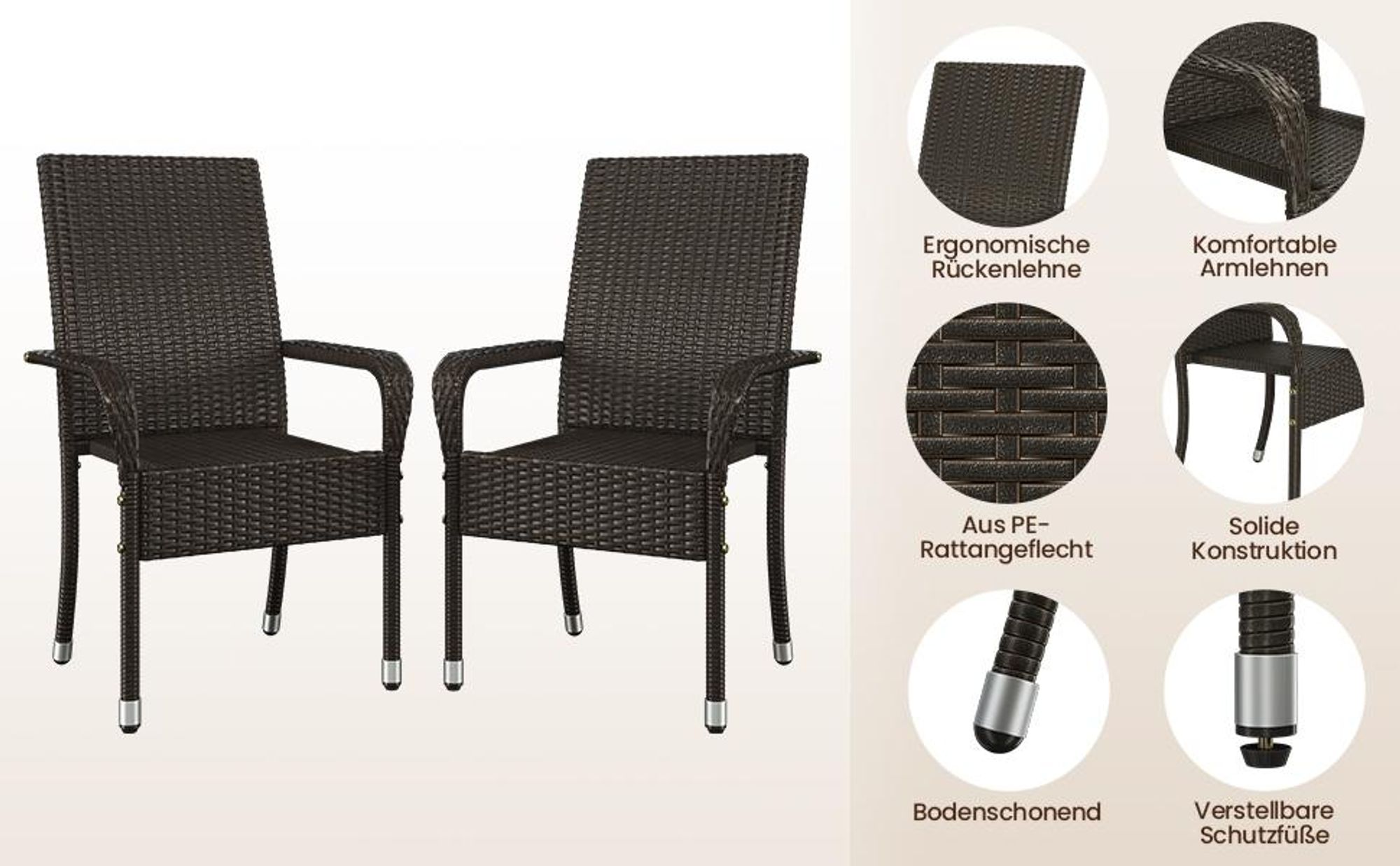 Yaheetech 2er Set Gartenstuhl aus Polyrattan, stapelbare Rattan-Stühle, mit Armlehnen & Rückenlehne, verstellbare Schutzfüße, Braun
