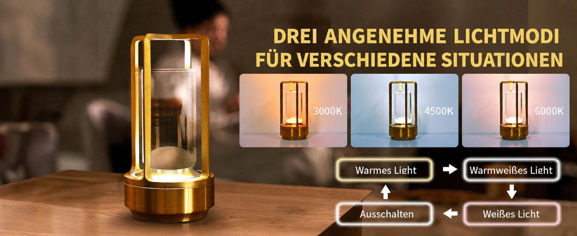 Tragbare Innen-/Außentischlampe aus Metall, kabellose wiederaufladbare LED-Lampe, 3 Farben stufenlos dimmbar, Beleuchtung für Restaurant/Schlafzimmer