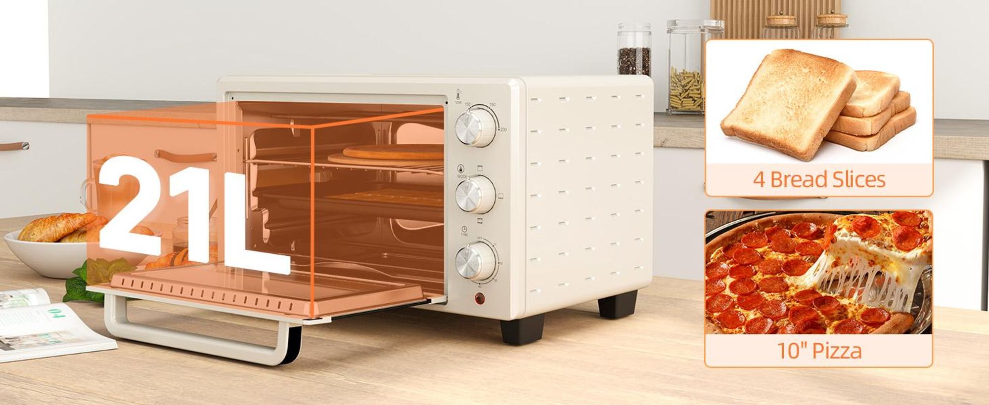 HOMCOM Mini piekarnik 21 l – piekarnik do pizzy, mini piekarnik z blachą do pieczenia, rusztem do grillowania i tacką na okruchy