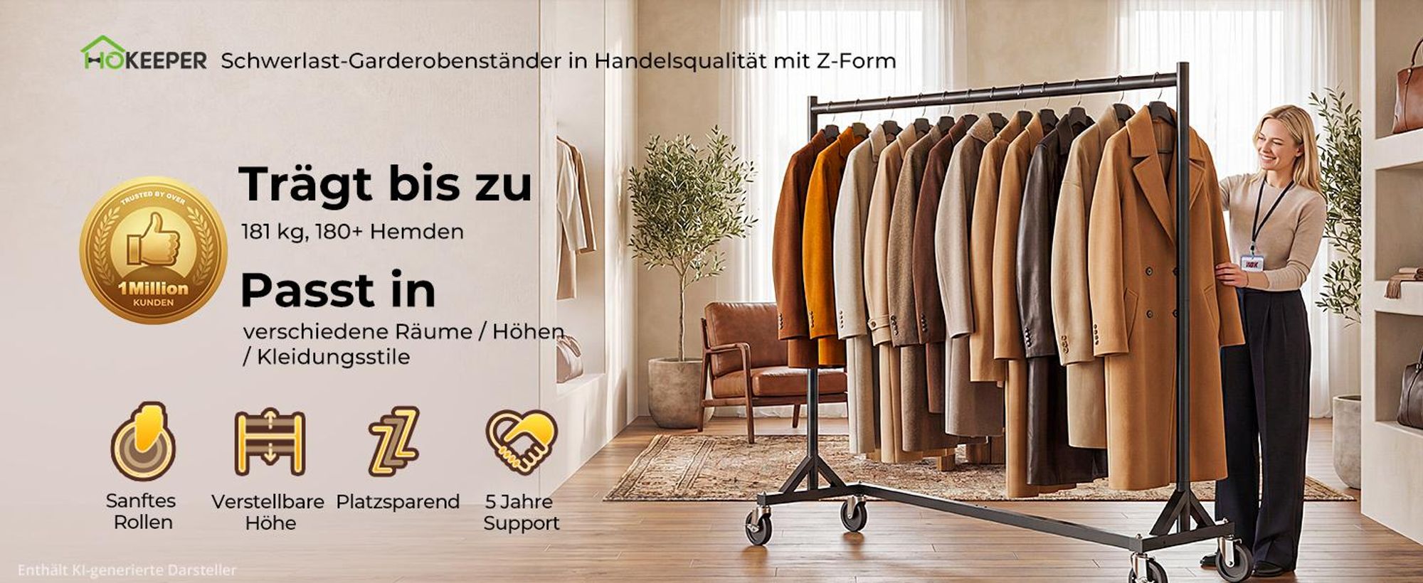 HOKEEPER Kommerzieller Kleiderständer mit Z-Ständer, Tragkraft 182 kg, robuster Kleiderstange auf Rollen, schwarz