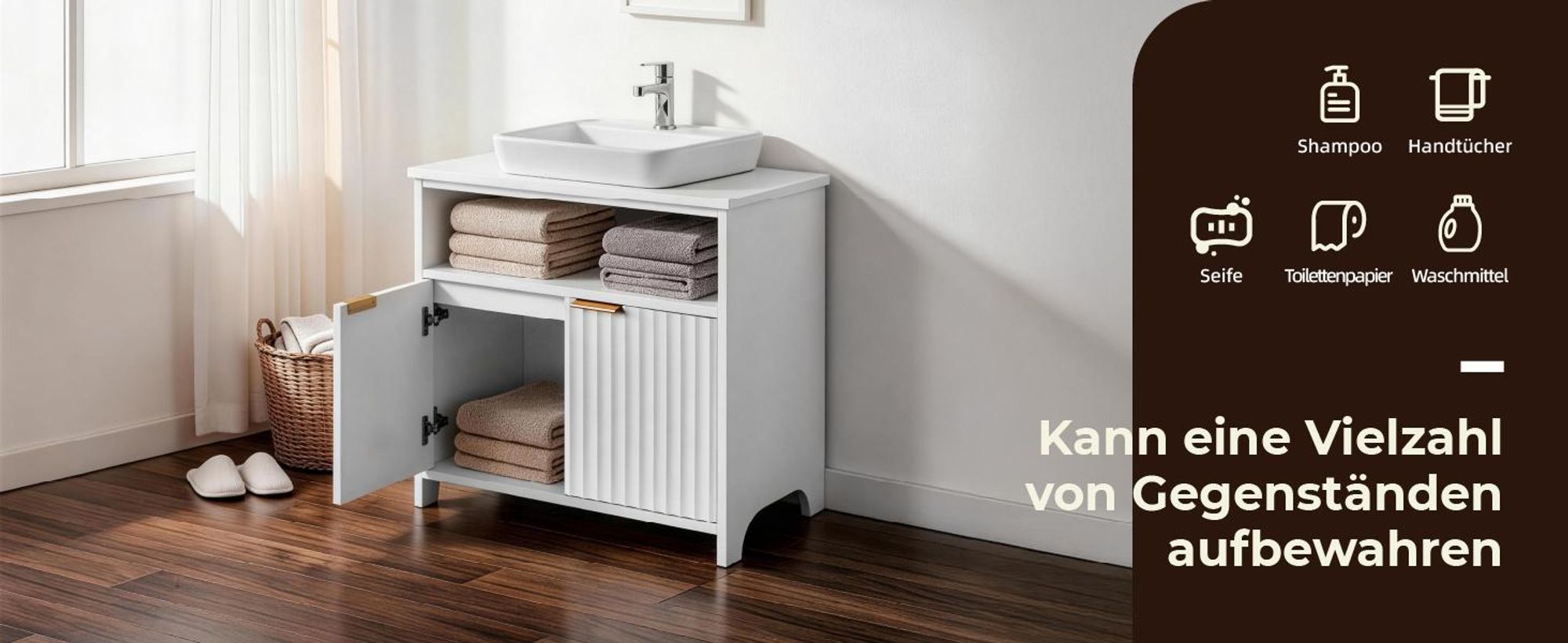 FCH Waschbeckenunterschrank mit 2 Türen und offenen Fächern, Badezimmerschrank, 30 x 60 x 60cm, Weiß