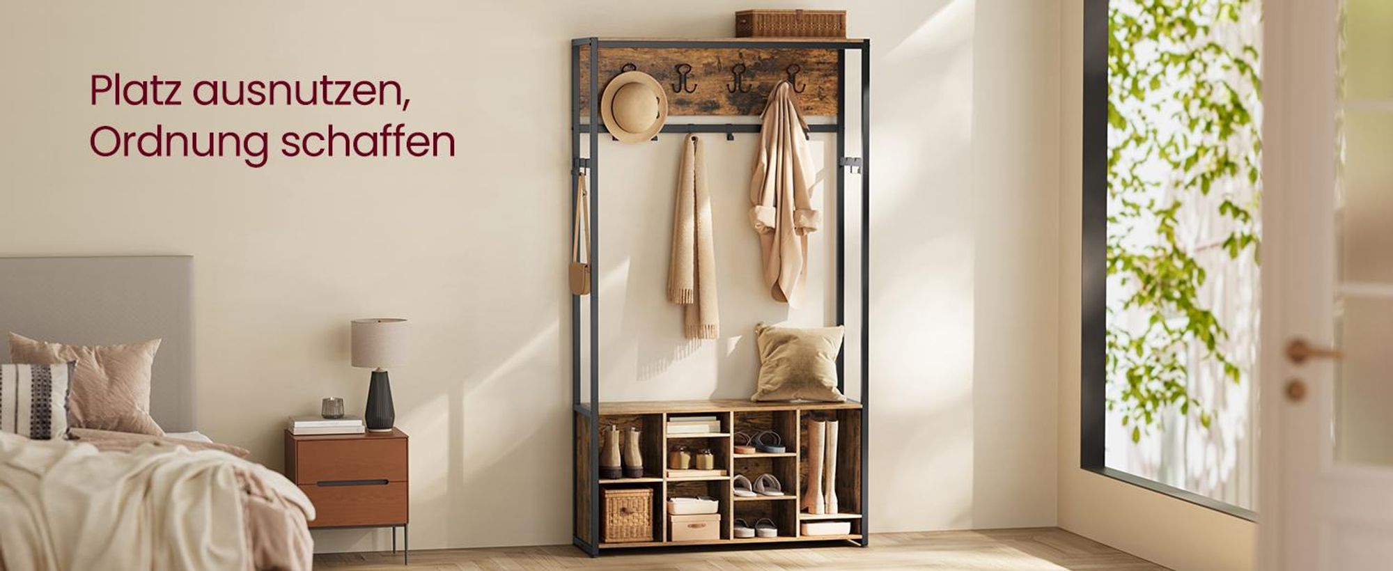 Kleiderständer, Garderobe, Eingangsmöbel mit Schuhregal, offene Fächer