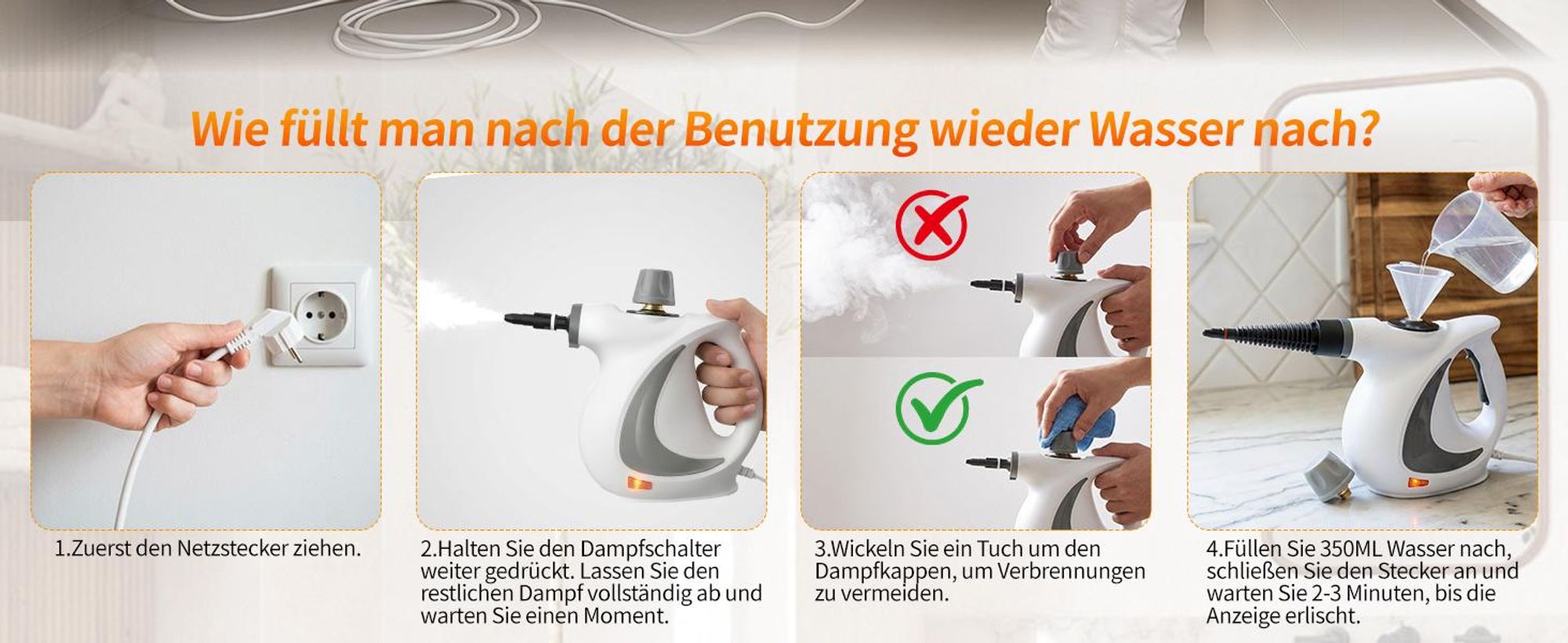1300W Natürlicher Dampfreiniger mit Druck für mehrere Oberflächen, mit 12 Zubehörteilen, Mehrzweck-Dampfgarer für den Heimgebrauch, zur Reinigung