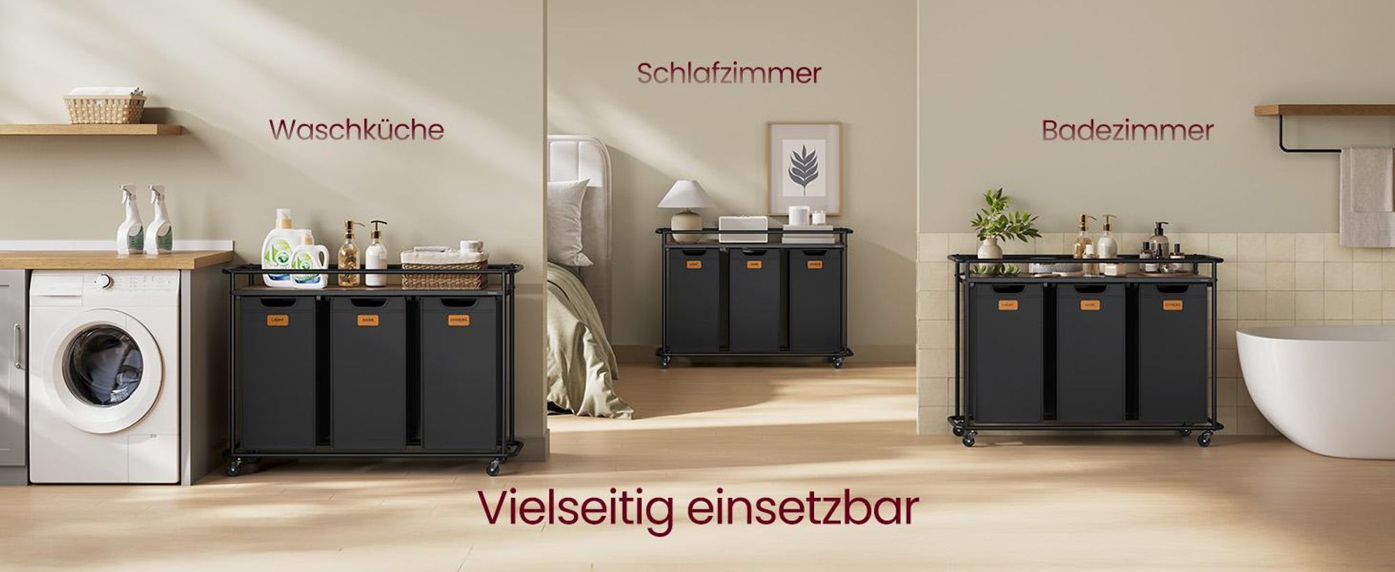 VASAGLE Wäschesammler mit Rollen, Wäschekorb 3 Fächer, 150 L, Wäschesortierer mit Ablage, Wäschewagen, abnehmbare Taschen, 6 Etiketten, Waschküche