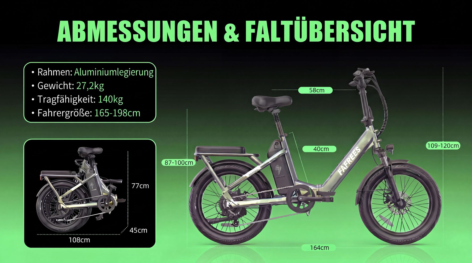 E-Bike Faltrad mit 36 V 25 Ah Akku bis zu 120 km Pedelec Aluminiumlegierung 20 Zoll Klapprad 250 W, Blaugrün