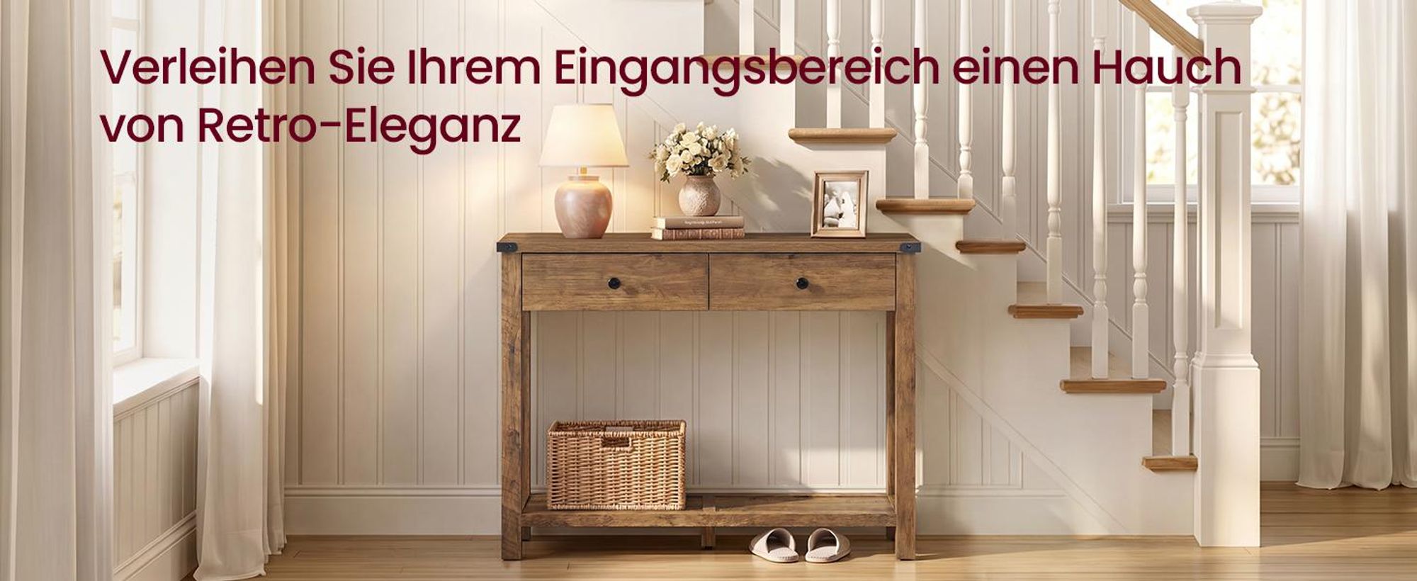 VASAGLE Konsolentisch, Beistelltisch, mit Ablage, schmaler Konsolentisch, mit 2 Schubladen, für Wohnzimmer, Landhausstil, Warmes Braun