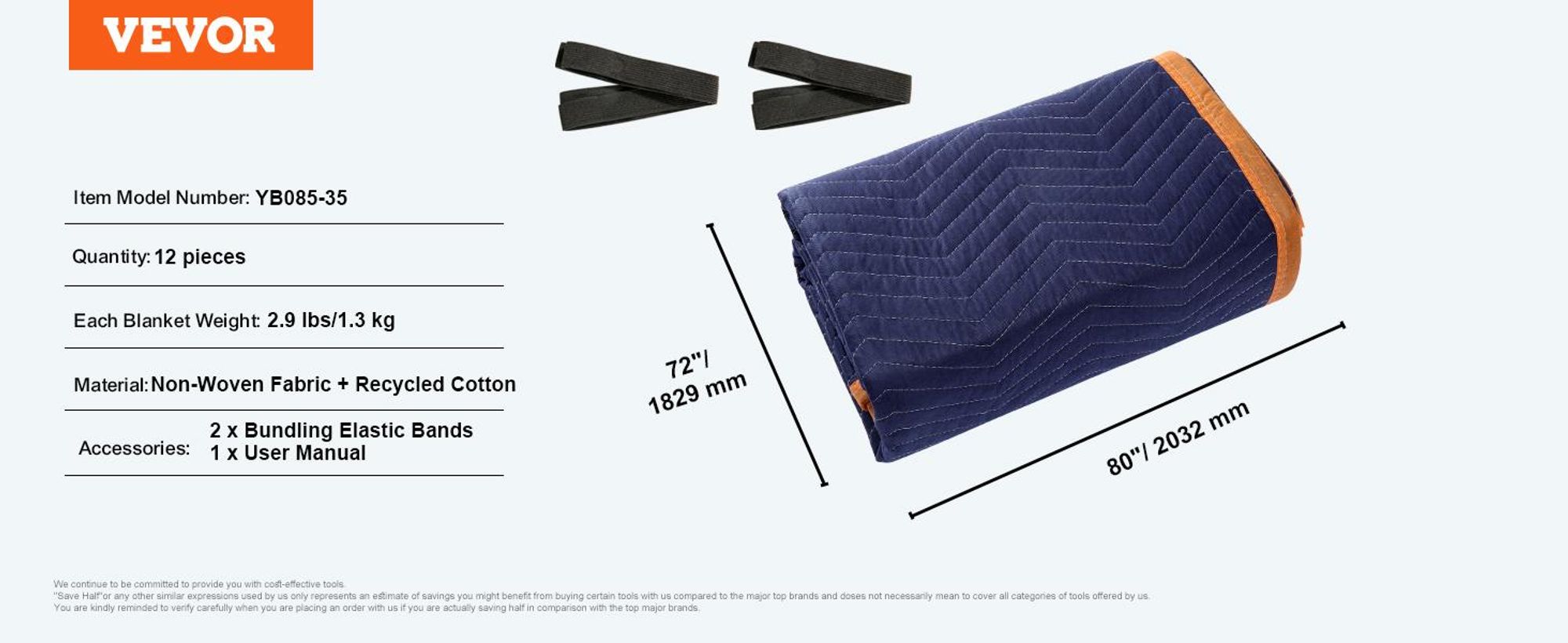 VEVOR Umzugsdecken, 203,2 x 182,9 cm, 15,9 kg/dz Gewicht, 12 Pakete, Professionelle Vlies- & recycelte Baumwollpackdecke, Robuste Umzugsunterlagen zum Schutz von Möbeln, Böden, Geräten, Blau/Orange, 35 lbs/dz